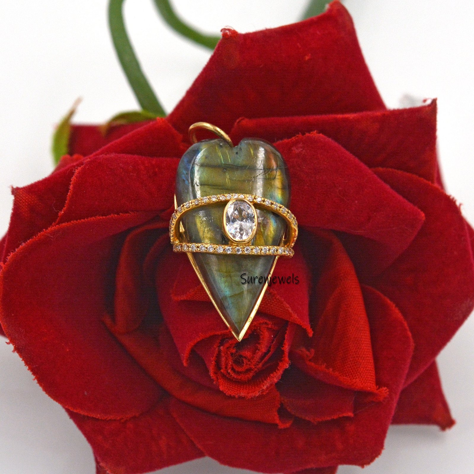 14k Gold Gemstone Evil Eye Heart pendant - View 2 - Suren Jewels | SKU: SJP1559-SLYGMSMNBCZ 14k Gold Gemstone Evil Eye Heart pendant - View 2 - Suren Jewels | SKU: SJP1559-SLYGMSMNBCZ