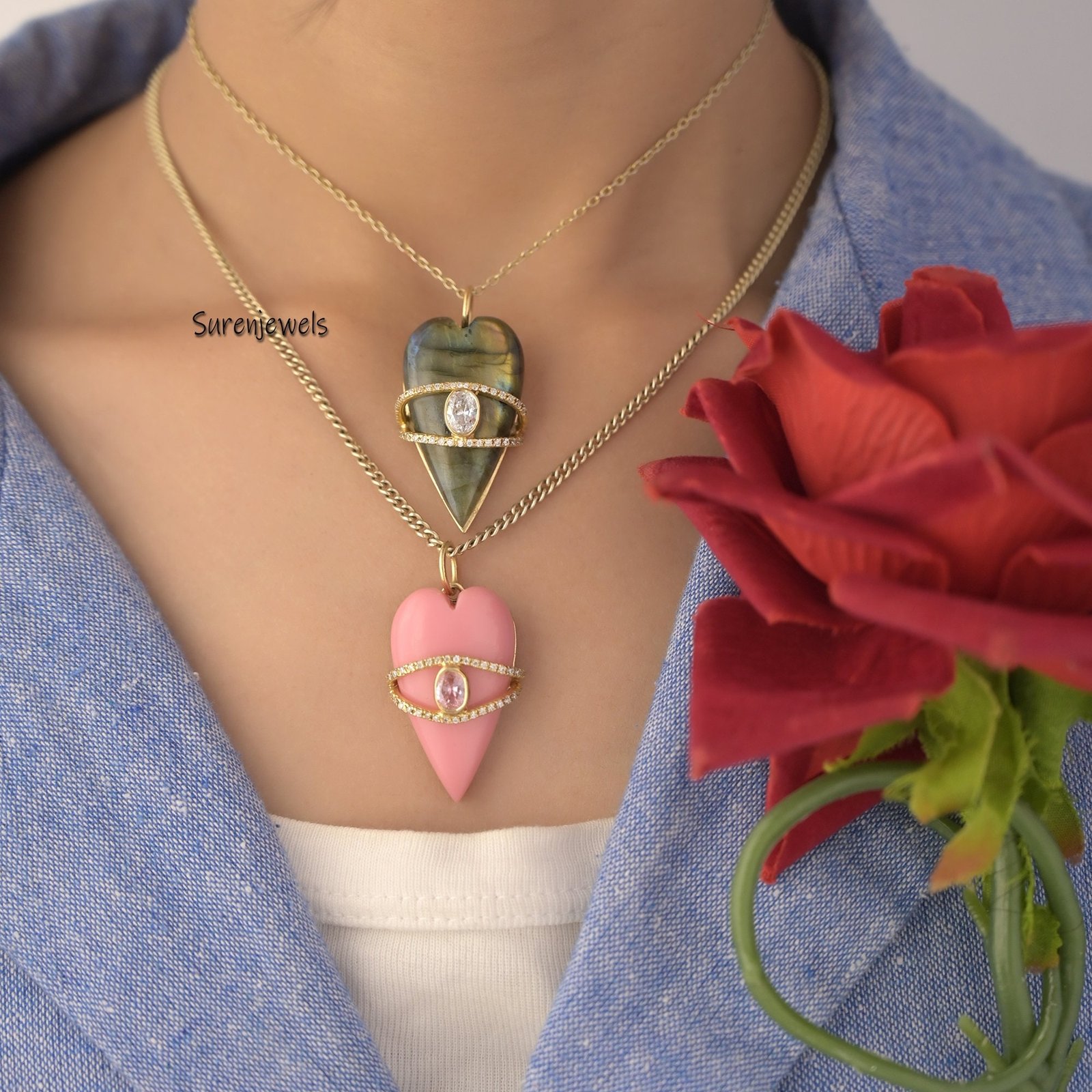 14k Gold Gemstone Evil Eye Heart pendant - View 3 - Suren Jewels | SKU: SJP1559-SLYGMSMNBCZ 14k Gold Gemstone Evil Eye Heart pendant - View 3 - Suren Jewels | SKU: SJP1559-SLYGMSMNBCZ