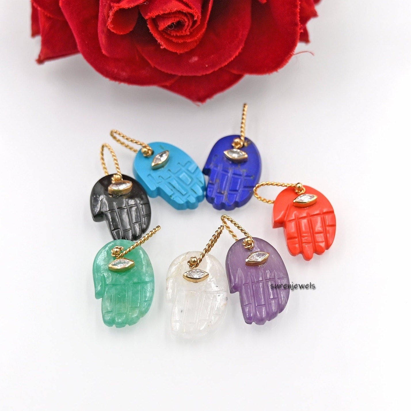 14K Gold Gemstone Figa Hand Pendant: Hamsa Hand Charm - Suren Jewels | SKU: SJP1023-SLYGLPZWT-21M 14K Gold Gemstone Figa Hand Pendant: Hamsa Hand Charm - Suren Jewels | SKU: SJP1023-SLYGLPZWT-21M