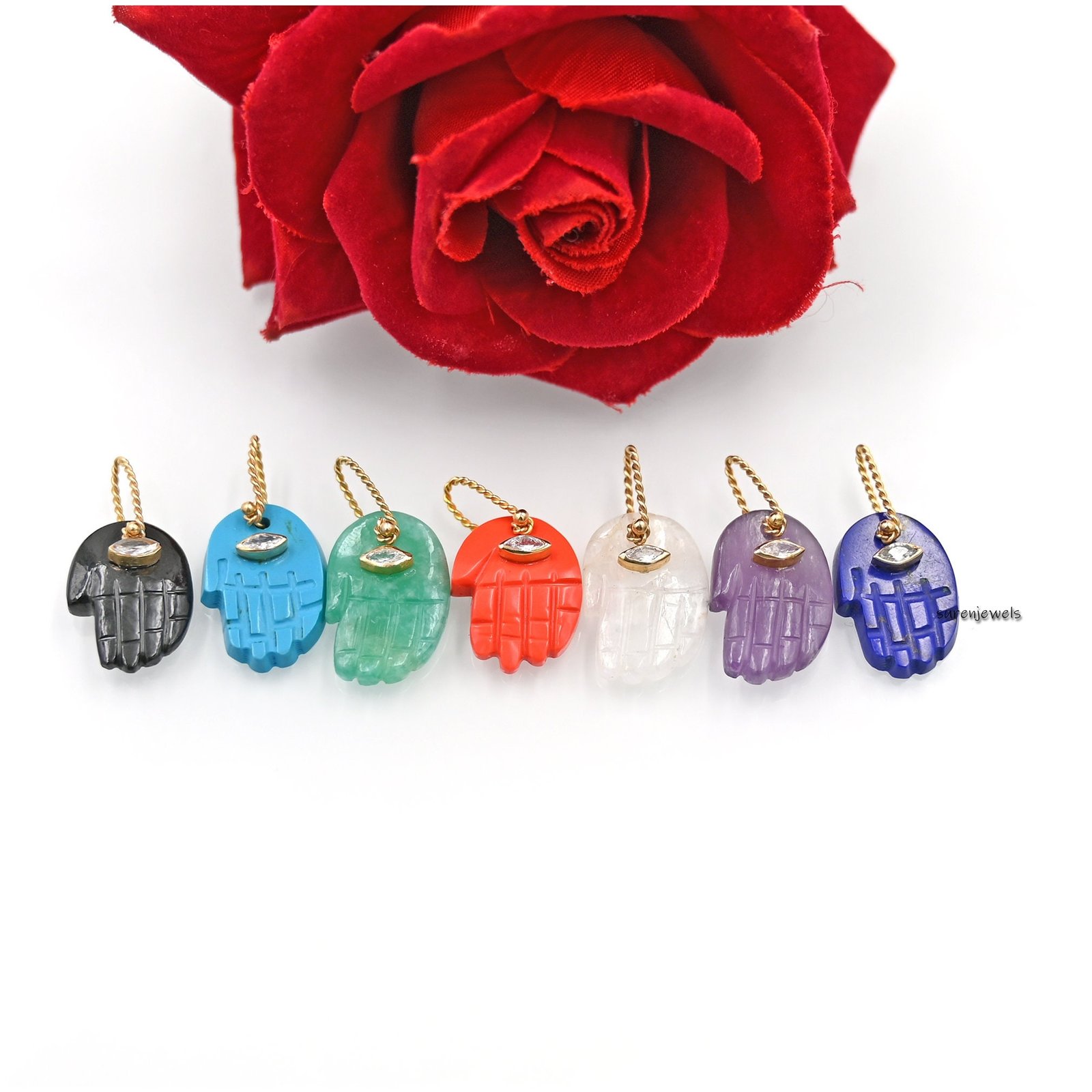 14K Gold Gemstone Figa Hand Pendant: Hamsa Hand Charm - View 2 - Suren Jewels | SKU: SJP1023-SLYGLPZWT-21M 14K Gold Gemstone Figa Hand Pendant: Hamsa Hand Charm - View 2 - Suren Jewels | SKU: SJP1023-SLYGLPZWT-21M