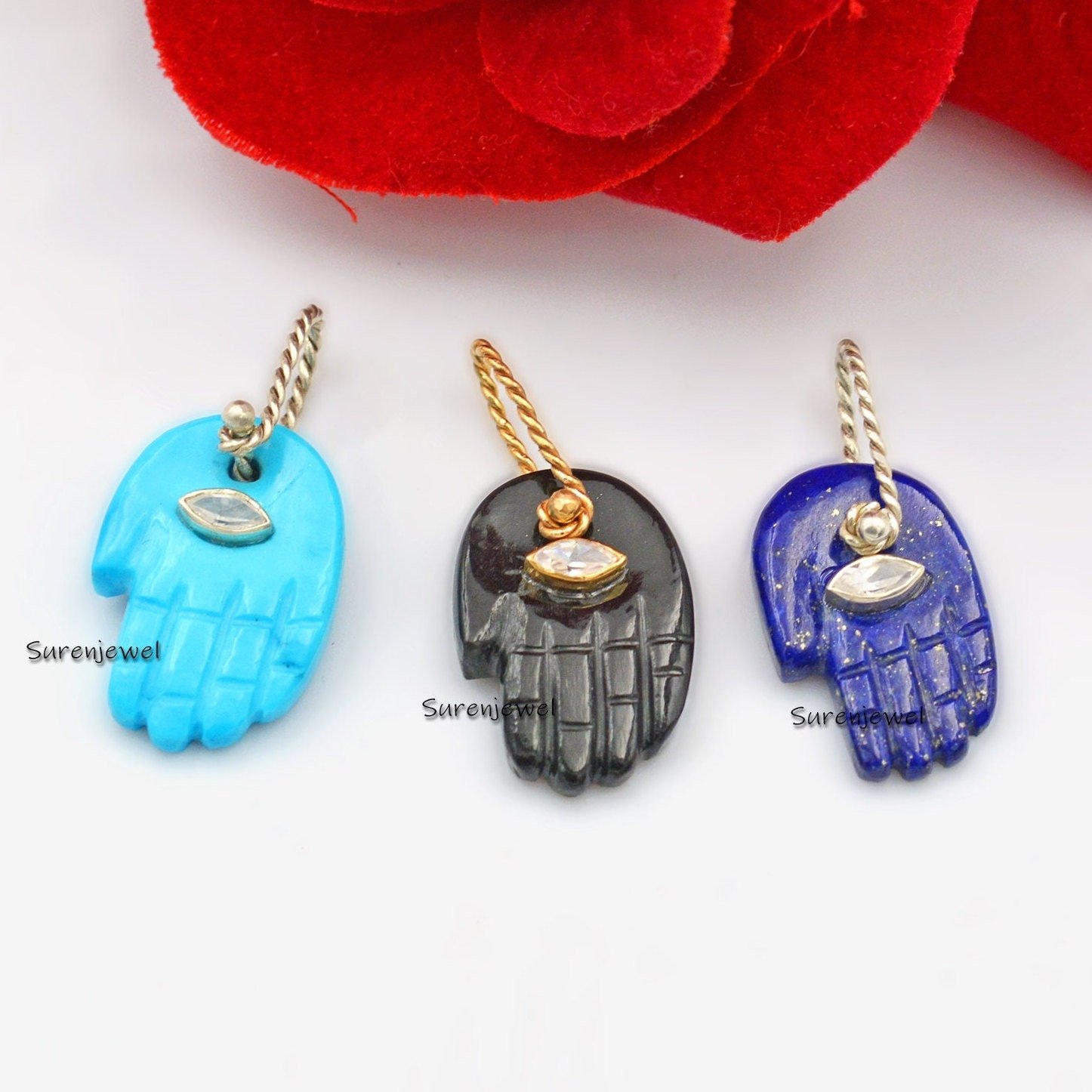14K Gold Gemstone Figa Hand Pendant: Hamsa Hand Charm - View 3 - Suren Jewels | SKU: SJP1023-SLYGLPZWT-21M 14K Gold Gemstone Figa Hand Pendant: Hamsa Hand Charm - View 3 - Suren Jewels | SKU: SJP1023-SLYGLPZWT-21M