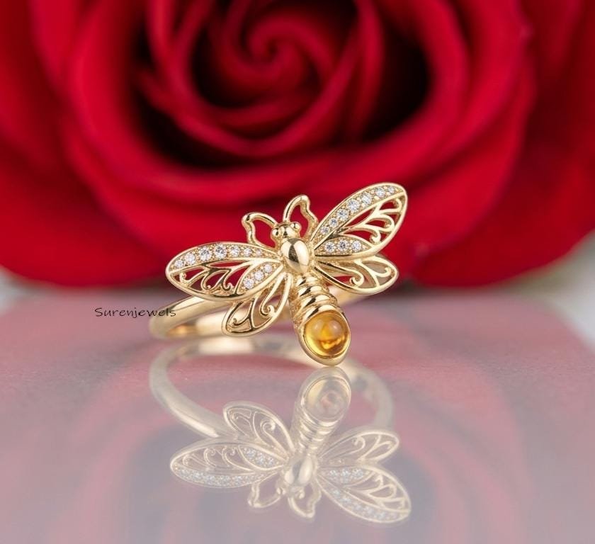 14k Gold Gemstone Firefly Ring, Insect Ring Jewelry, Nature Inspired Dragonfly Ring, Unique Animal Ring, Handmade Dragonfly R 14k Gold Gemstone Firefly Ring, Insect Ring Jewelry, Nature Inspired Dragonfly Ring, Unique Animal Ring, Handmade Dragonfly R