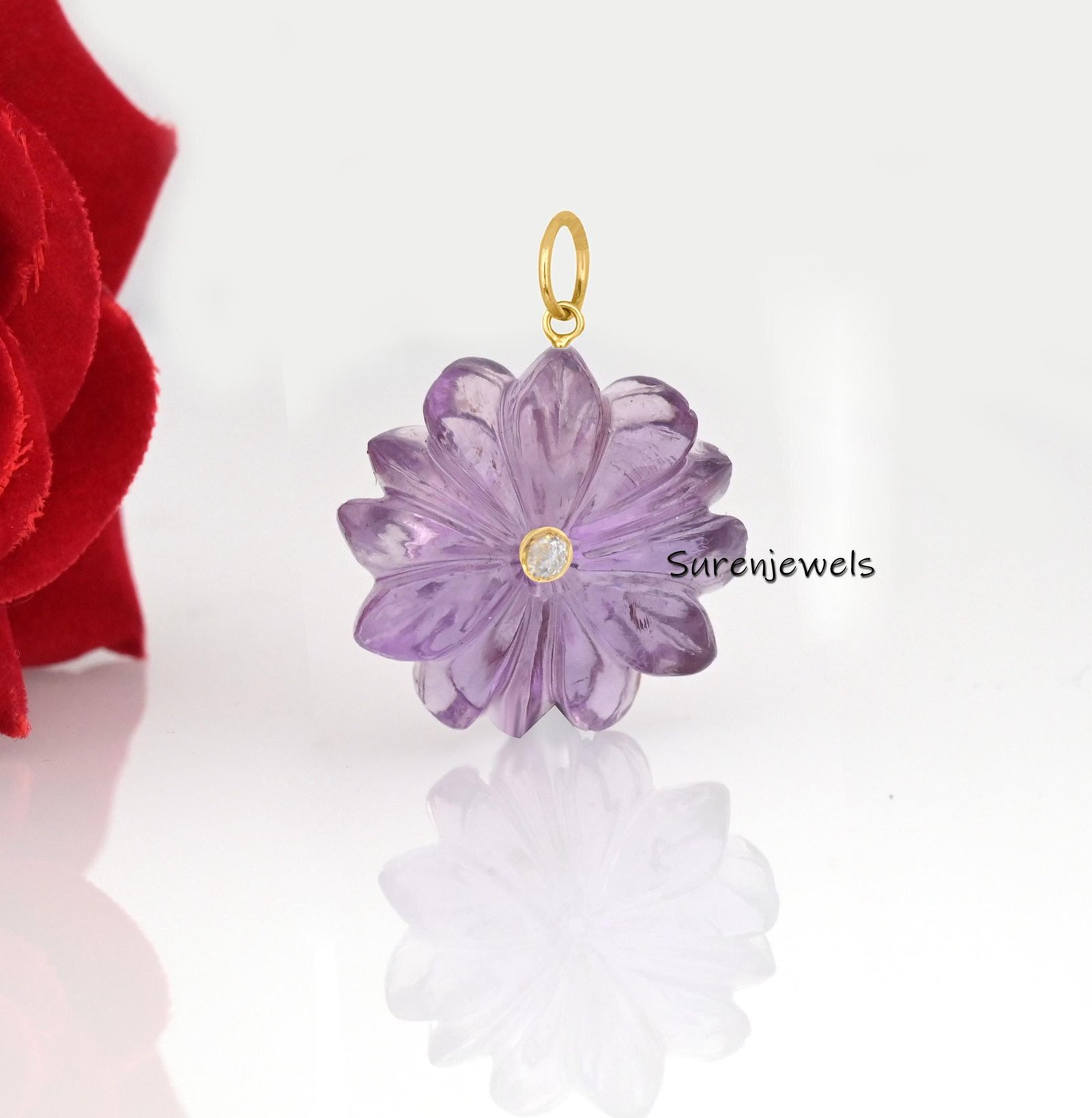 14K Gold Gemstone Flower Charm: Hand Carved Coral or Lapis Pendant - View 2 - Suren Jewels | SKU: SJP3863-SLYGBCHCZ-25M 14K Gold Gemstone Flower Charm: Hand Carved Coral or Lapis Pendant - View 2 - Suren Jewels | SKU: SJP3863-SLYGBCHCZ-25M