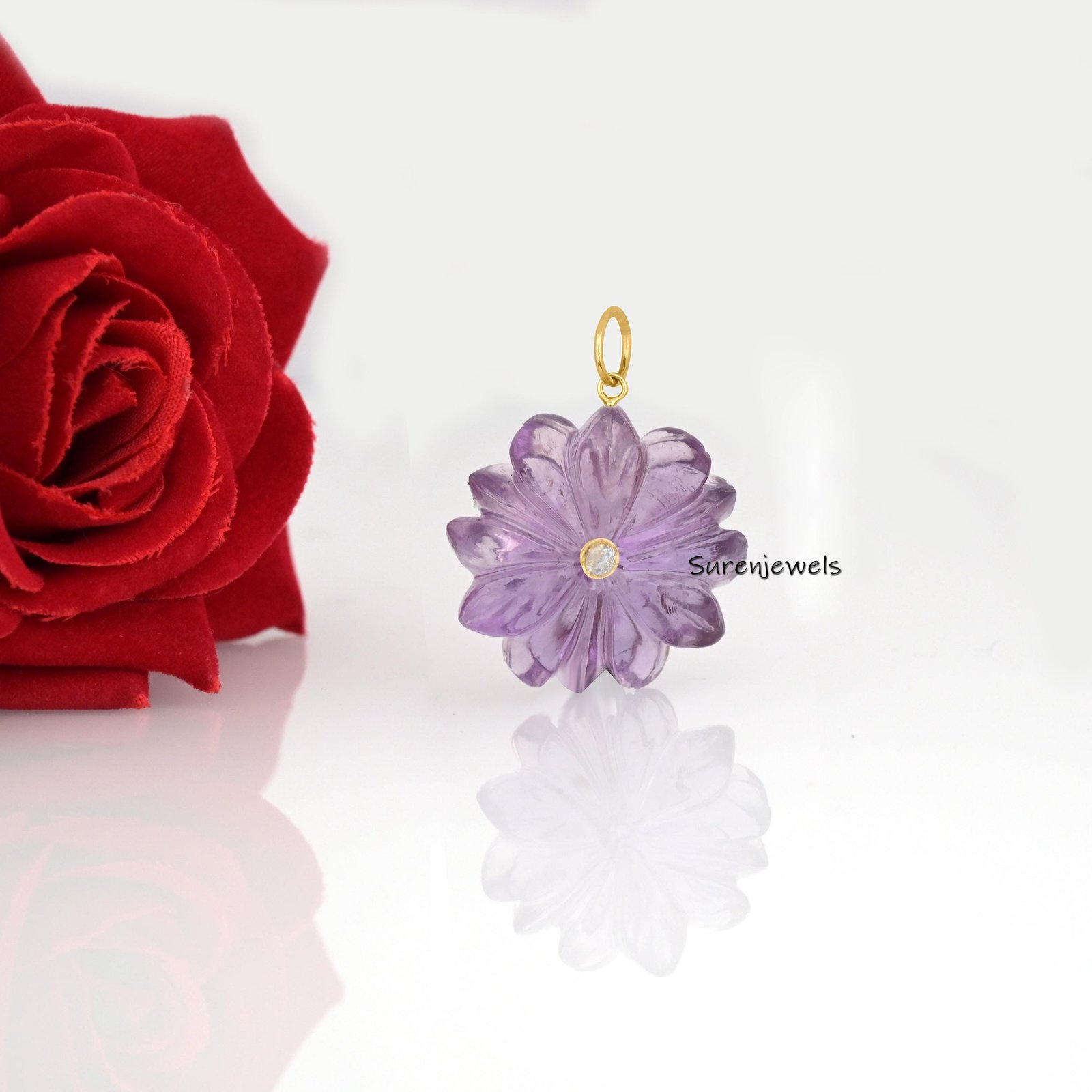 14K Gold Gemstone Flower Charm: Hand Carved Coral or Lapis Pendant - View 3 - Suren Jewels | SKU: SJP3863-SLYGBCHCZ-25M 14K Gold Gemstone Flower Charm: Hand Carved Coral or Lapis Pendant - View 3 - Suren Jewels | SKU: SJP3863-SLYGBCHCZ-25M