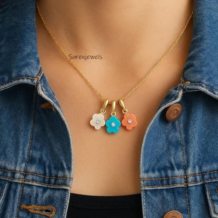 14K Gold Gemstone Flower Pendant: Carved Flower Charm - Suren Jewels | SKU: SJP 14K Gold Gemstone Flower Pendant: Carved Flower Charm - Suren Jewels | SKU: SJP