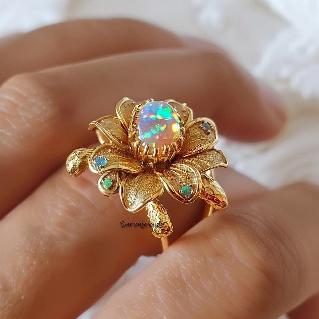 14k Gold Gemstone Flower Ring, Carved Opal Gemstone Flower Ring, Designer Gemstone Leaf Flower Ring - Suren Jewels | SKU: SJR 14k Gold Gemstone Flower Ring, Carved Opal Gemstone Flower Ring, Designer Gemstone Leaf Flower Ring - Suren Jewels | SKU: SJR