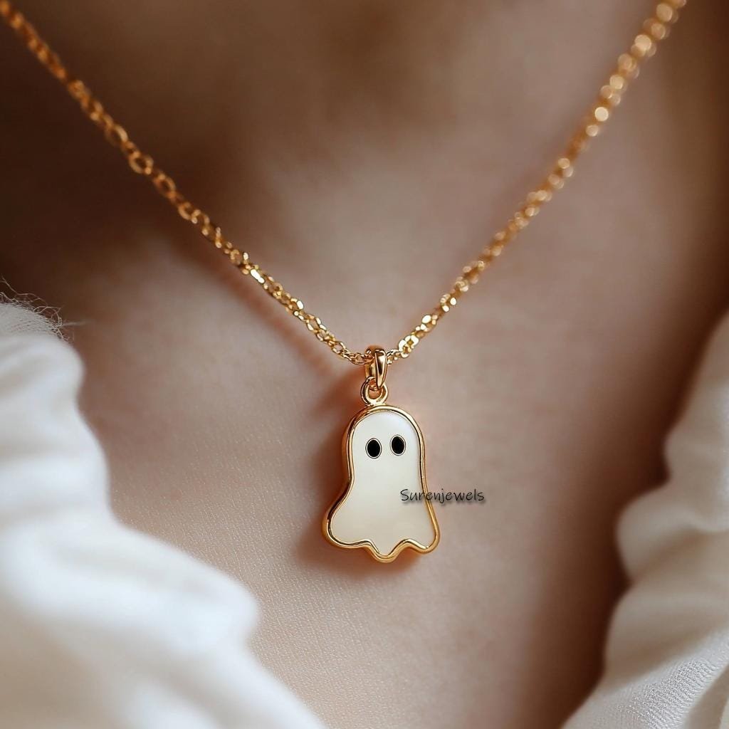 14K Gold Gemstone Ghost Pendant, Halloween Charm (25 MM) - View 2 - Suren Jewels | SKU: SJP4448-SLNSMOPBKCZ-25M 14K Gold Gemstone Ghost Pendant, Halloween Charm (25 MM) - View 2 - Suren Jewels | SKU: SJP4448-SLNSMOPBKCZ-25M