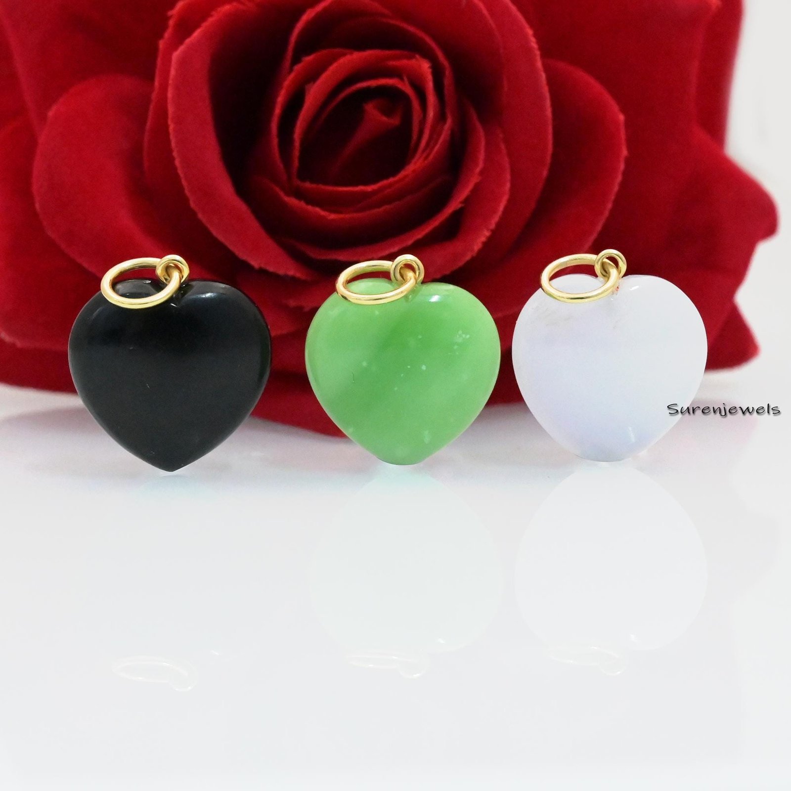 14K Gold Gemstone Heart Charm: Carved Coral, Malachite, Opal Pendant - Suren Jewels | SKU: SJP1731-SLYGCLQ 14K Gold Gemstone Heart Charm: Carved Coral, Malachite, Opal Pendant - Suren Jewels | SKU: SJP1731-SLYGCLQ