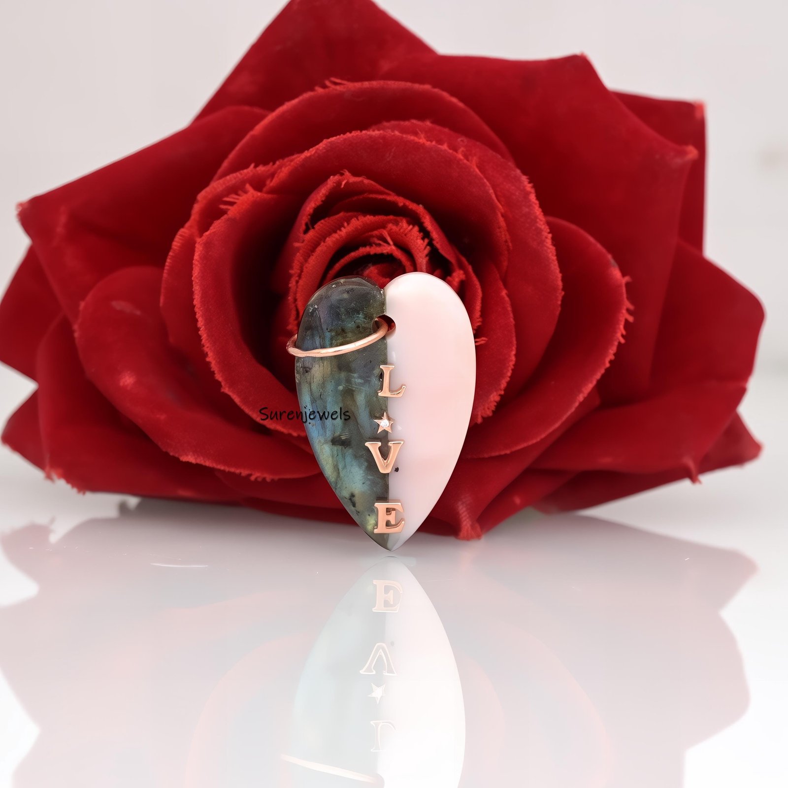 14k Gold Gemstone Heart Letter pendant: Coral & Crystal Love Pendant - Suren Jewels | SKU: SJP1619- 14k Gold Gemstone Heart Letter pendant: Coral & Crystal Love Pendant - Suren Jewels | SKU: SJP1619-