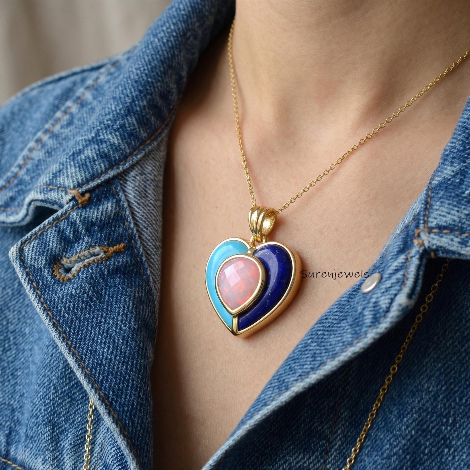 14k Gold Gemstone Heart Pendant: Designer heart Pendant, Handmade Heart Pendant - View 2 - Suren Jewels | SKU: SJP 14k Gold Gemstone Heart Pendant: Designer heart Pendant, Handmade Heart Pendant - View 2 - Suren Jewels | SKU: SJP