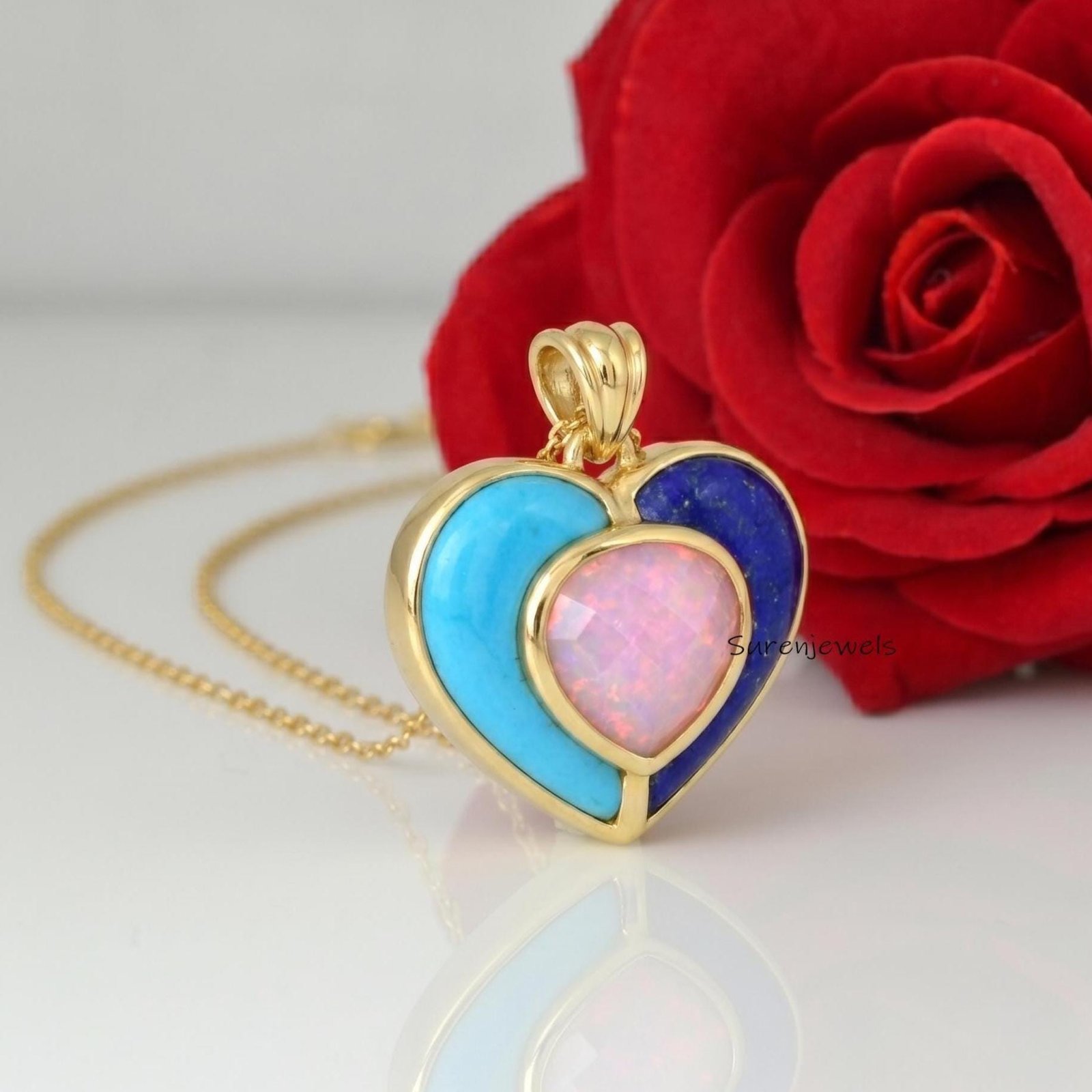 14k Gold Gemstone Heart Pendant: Designer heart Pendant, Handmade Heart Pendant - View 3 - Suren Jewels | SKU: SJP 14k Gold Gemstone Heart Pendant: Designer heart Pendant, Handmade Heart Pendant - View 3 - Suren Jewels | SKU: SJP