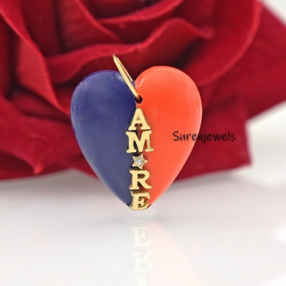 14k Gold Gemstone Heart Pendant: Designer Multi Stone Heart - Suren Jewels | SKU: SJP1620- 14k Gold Gemstone Heart Pendant: Designer Multi Stone Heart - Suren Jewels | SKU: SJP1620-