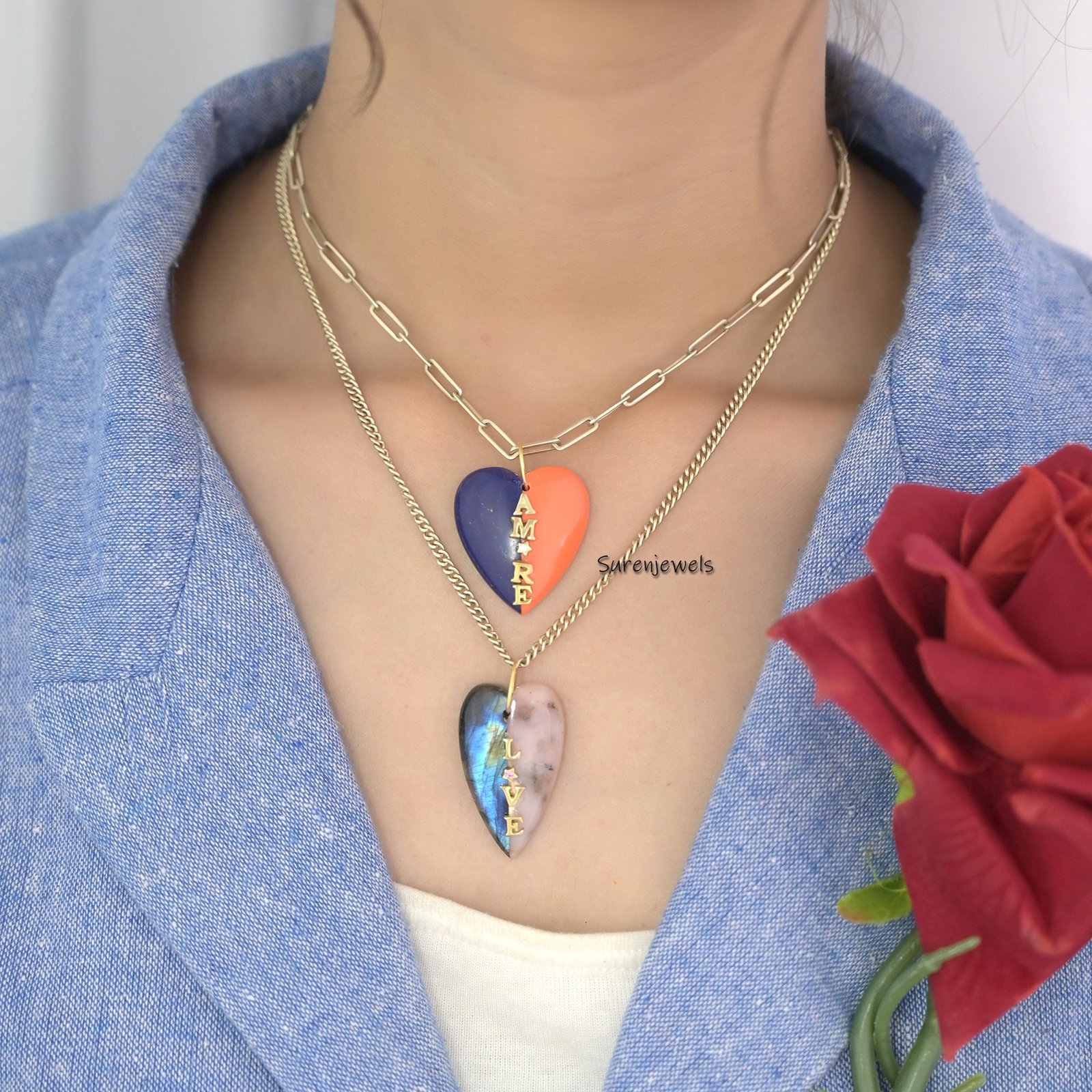 14k Gold Gemstone Heart Pendant: Designer Multi Stone Heart - View 3 - Suren Jewels | SKU: SJP1620- 14k Gold Gemstone Heart Pendant: Designer Multi Stone Heart - View 3 - Suren Jewels | SKU: SJP1620-
