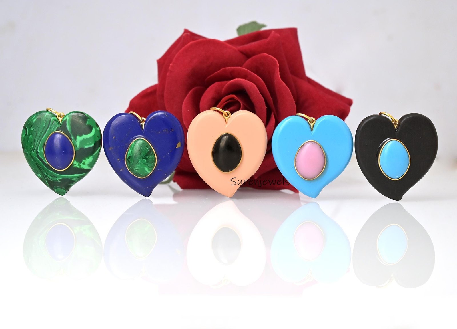 14K Gold Gemstone Heart Pendant, Double Gemstone Heart Charm, Designer Heart Pendant, Handmade Malachite Heart Charm, Carved 14K Gold Gemstone Heart Pendant, Double Gemstone Heart Charm, Designer Heart Pendant, Handmade Malachite Heart Charm, Carved