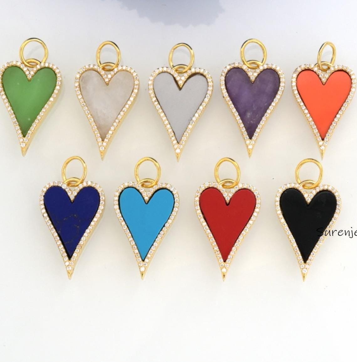 14k Gold Gemstone Heart Pendant: Lapis Lazuli, Turquoise, or Diamond - Suren Jewels | SKU: SJP1061-9KYGDILPZ 14k Gold Gemstone Heart Pendant: Lapis Lazuli, Turquoise, or Diamond - Suren Jewels | SKU: SJP1061-9KYGDILPZ