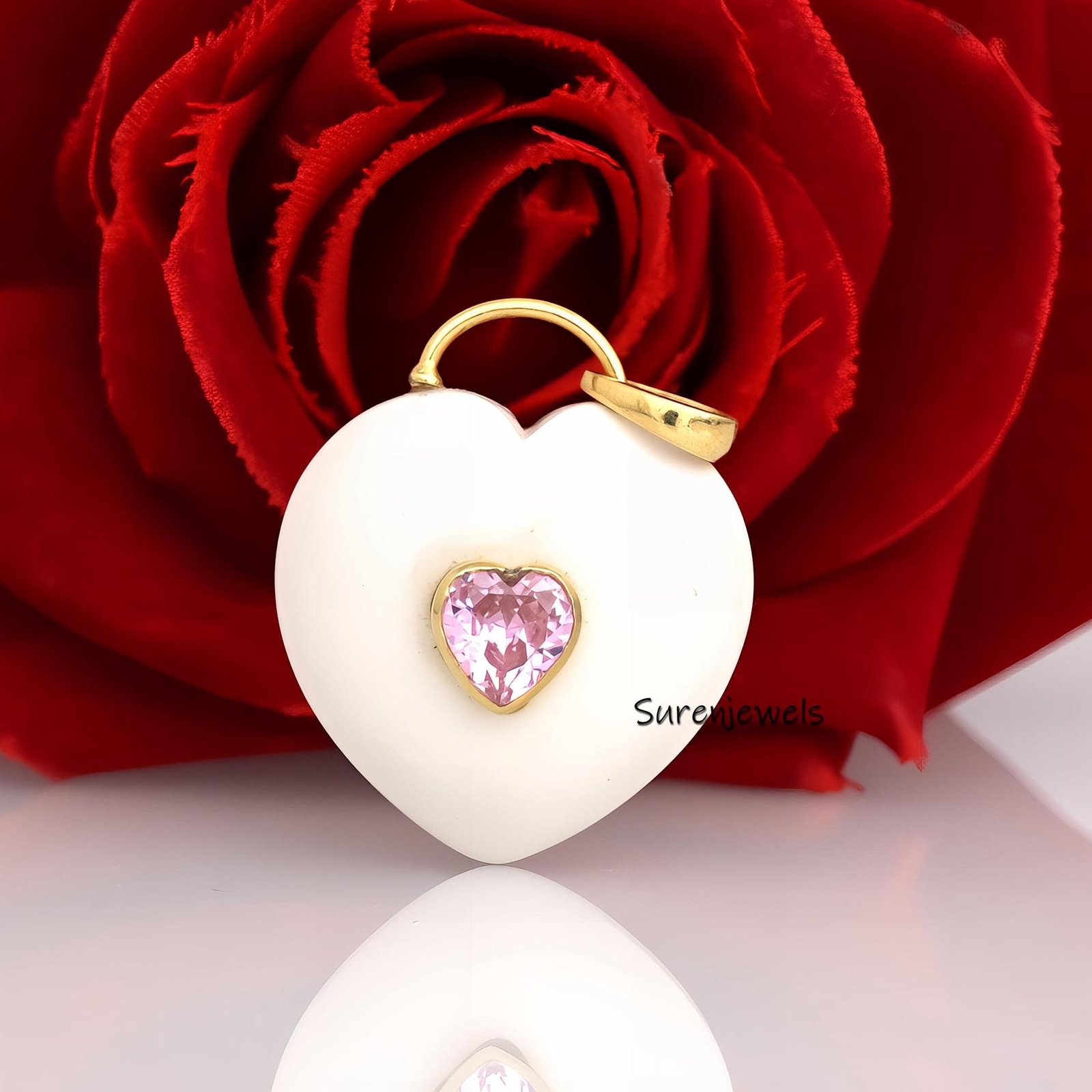 14K Gold Gemstone Heart Pendant padlock: Silver Designer Heart (35 MM) - View 3 - Suren Jewels | SKU: SJP4163-SLYGWAPCZ-35M 14K Gold Gemstone Heart Pendant padlock: Silver Designer Heart (35 MM) - View 3 - Suren Jewels | SKU: SJP4163-SLYGWAPCZ-35M