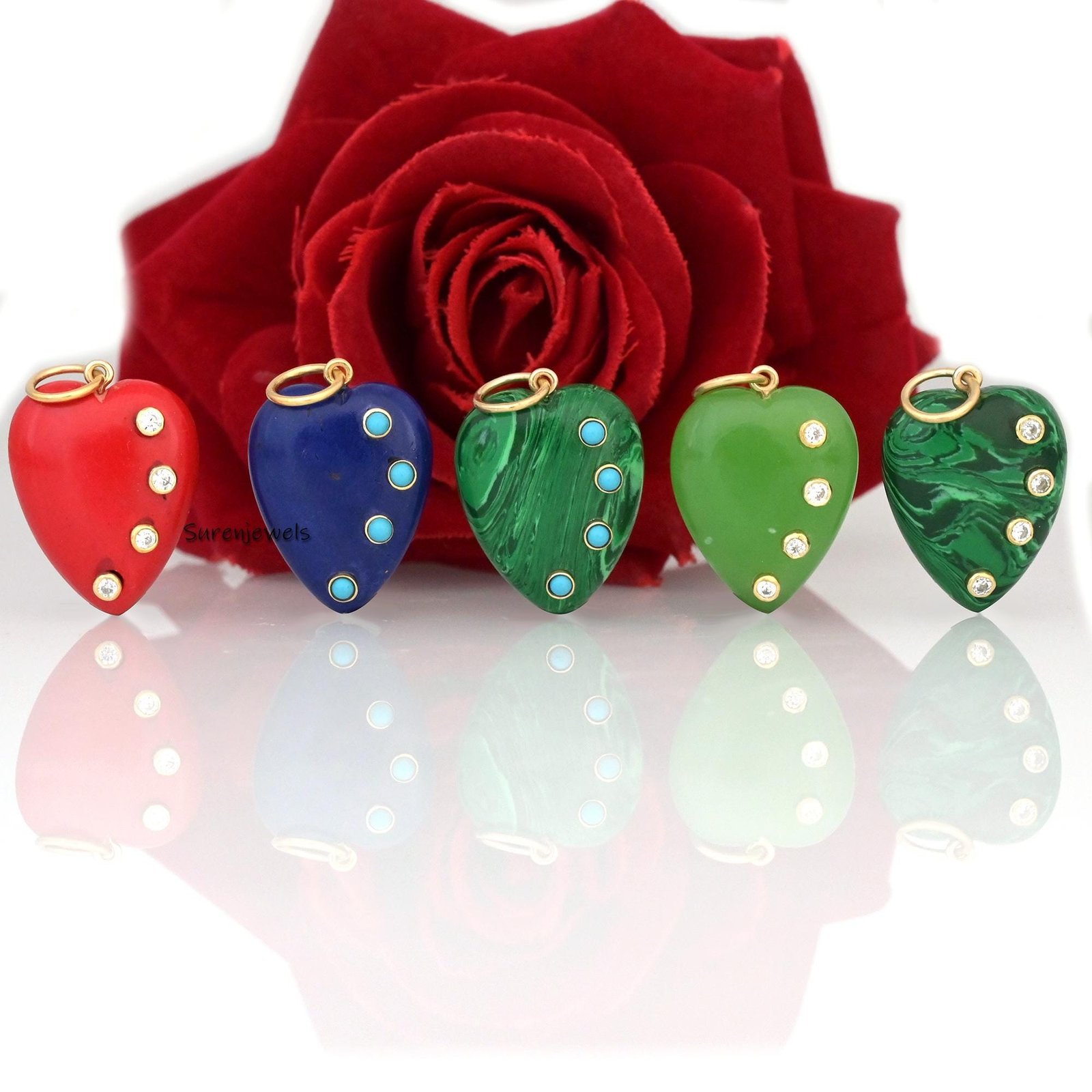 14K Gold Gemstone Heart Pendant: Turquoise, Opal, Coral, Malachite - Suren Jewels | SKU: SJP3029-SLYGAM 14K Gold Gemstone Heart Pendant: Turquoise, Opal, Coral, Malachite - Suren Jewels | SKU: SJP3029-SLYGAM