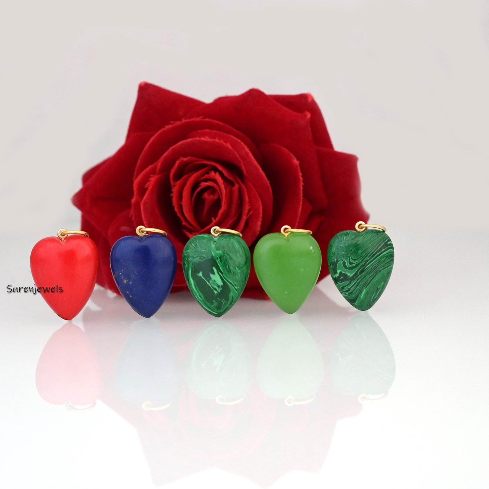 14K Gold Gemstone Heart Pendant: Turquoise, Opal, Coral, Malachite - View 2 - Suren Jewels | SKU: SJP3029-SLYGAM 14K Gold Gemstone Heart Pendant: Turquoise, Opal, Coral, Malachite - View 2 - Suren Jewels | SKU: SJP3029-SLYGAM