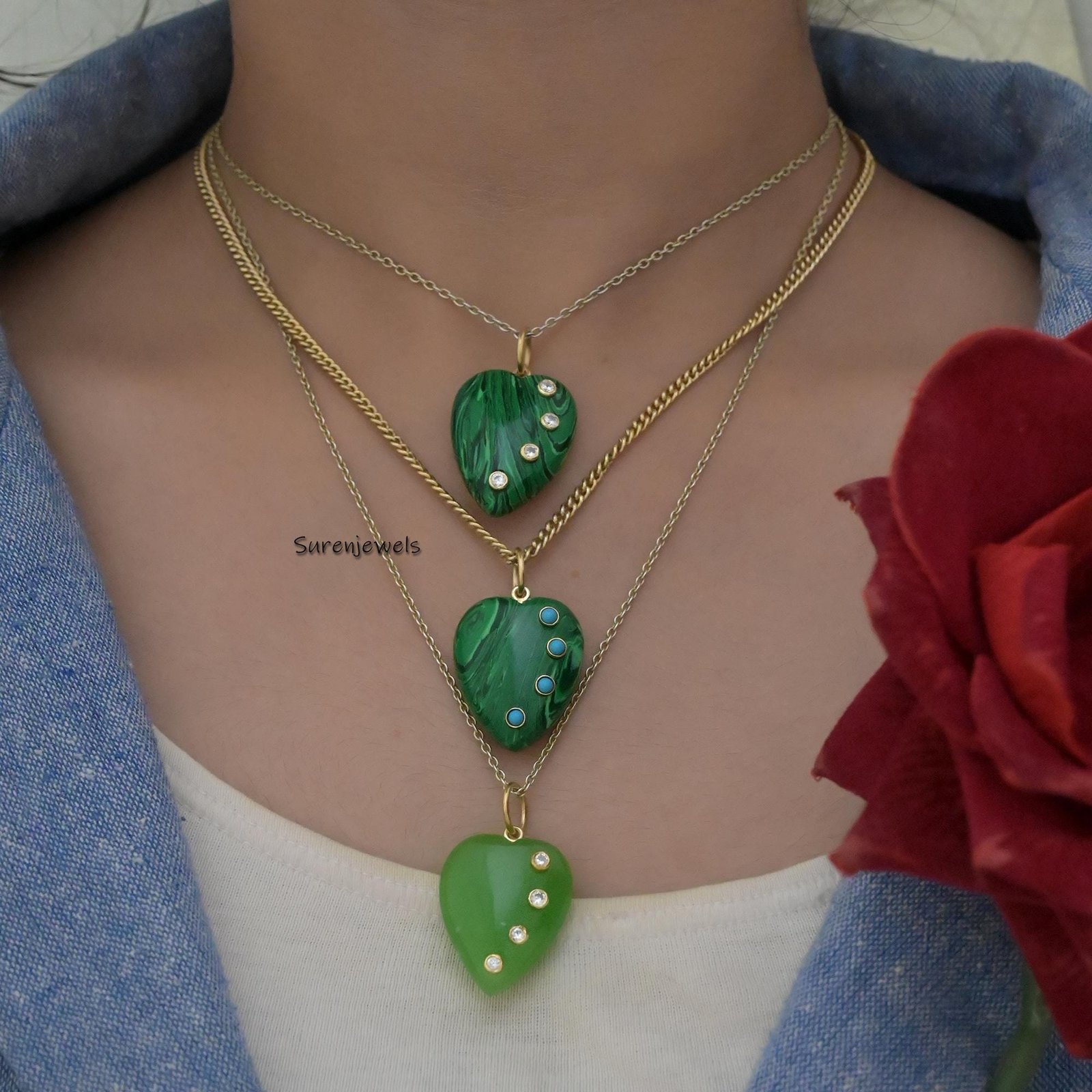 14K Gold Gemstone Heart Pendant: Turquoise, Opal, Coral, Malachite - View 3 - Suren Jewels | SKU: SJP3029-SLYGAM 14K Gold Gemstone Heart Pendant: Turquoise, Opal, Coral, Malachite - View 3 - Suren Jewels | SKU: SJP3029-SLYGAM