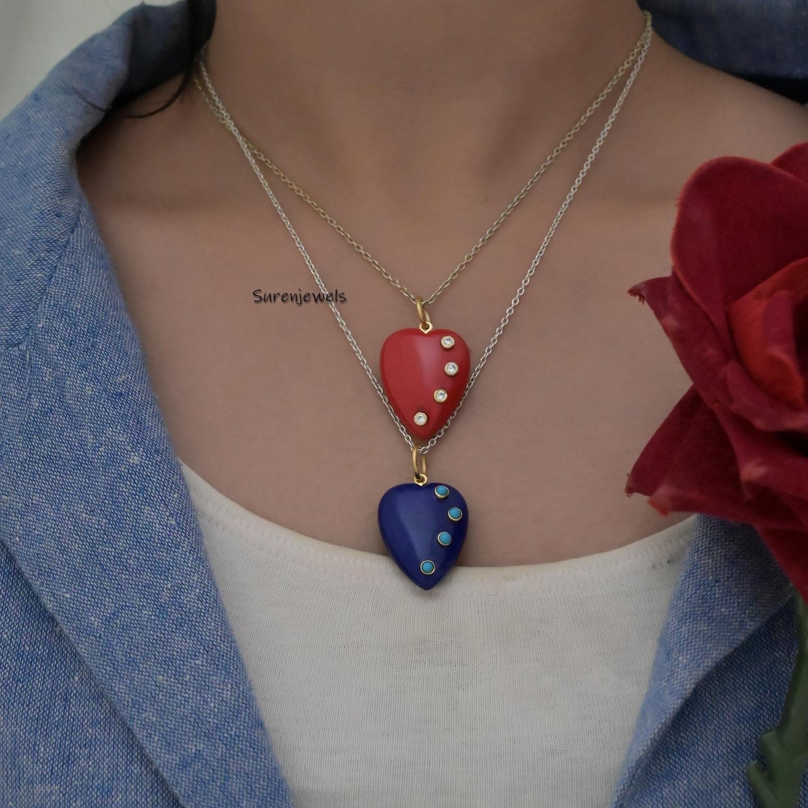 14K Gold Gemstone Heart Pendant: Turquoise, Opal, Coral, Malachite - View 4 - Suren Jewels | SKU: SJP3029-SLYGAM 14K Gold Gemstone Heart Pendant: Turquoise, Opal, Coral, Malachite - View 4 - Suren Jewels | SKU: SJP3029-SLYGAM