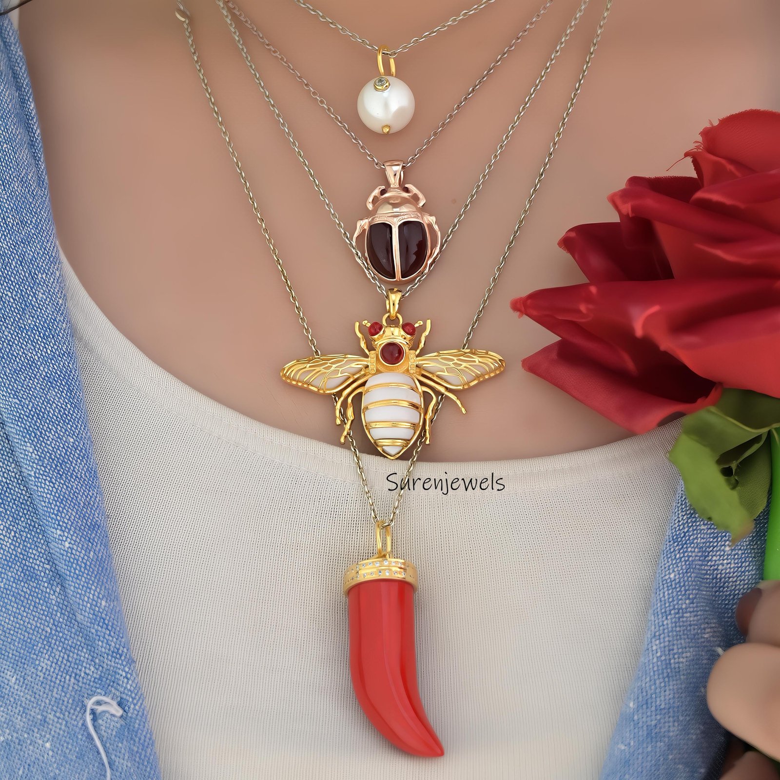 14K Gold Gemstone Horn Pendant: Handmade Italian Cornicello Charm - View 4 - Suren Jewels | SKU: SJP1330-SLYGBODI-25 M 14K Gold Gemstone Horn Pendant: Handmade Italian Cornicello Charm - View 4 - Suren Jewels | SKU: SJP1330-SLYGBODI-25 M