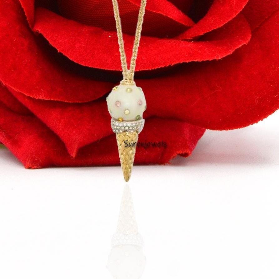 14K Gold Gemstone Ice Cream Cone Pendant: Miniature Vanilla CZ Gold Necklace - Suren Jewels | SKU: SJP 14K Gold Gemstone Ice Cream Cone Pendant: Miniature Vanilla CZ Gold Necklace - Suren Jewels | SKU: SJP