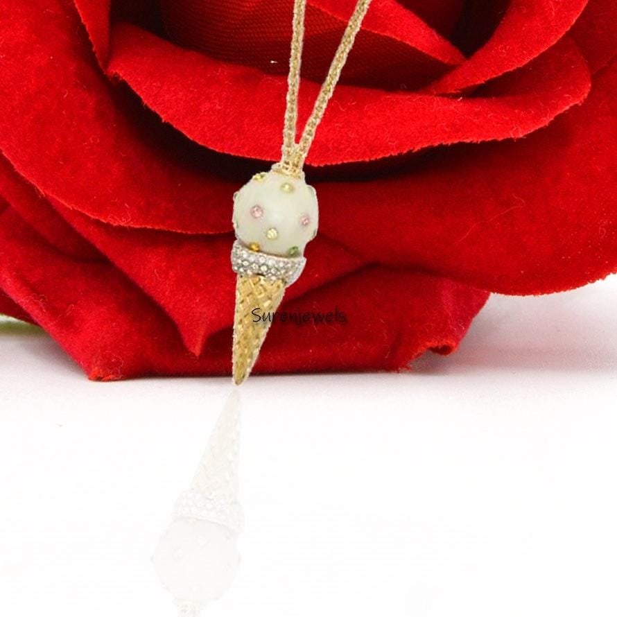 14K Gold Gemstone Ice Cream Cone Pendant: Miniature Vanilla CZ Gold Necklace - View 2 - Suren Jewels | SKU: SJP 14K Gold Gemstone Ice Cream Cone Pendant: Miniature Vanilla CZ Gold Necklace - View 2 - Suren Jewels | SKU: SJP