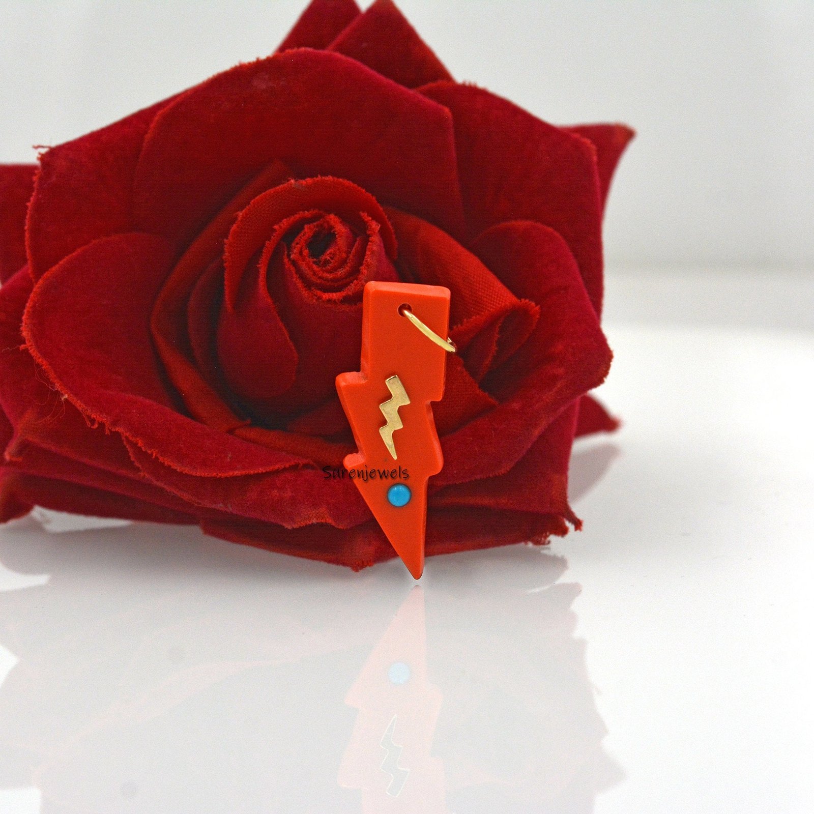 14k Gold Gemstone Lighting Bolt Pendant: Carved Coral or Turquoise - View 2 - Suren Jewels | SKU: SJP1617 14k Gold Gemstone Lighting Bolt Pendant: Carved Coral or Turquoise - View 2 - Suren Jewels | SKU: SJP1617