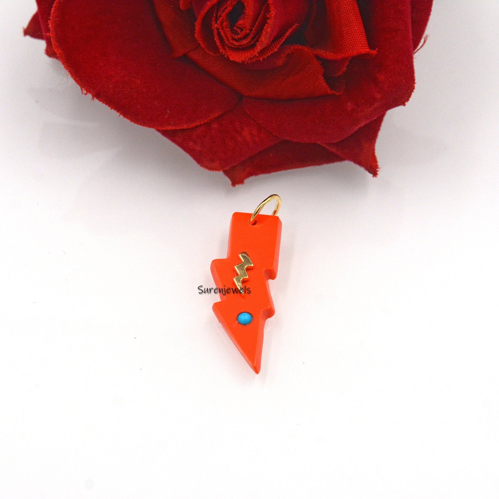 14k Gold Gemstone Lighting Bolt Pendant: Carved Coral or Turquoise - View 4 - Suren Jewels | SKU: SJP1617 14k Gold Gemstone Lighting Bolt Pendant: Carved Coral or Turquoise - View 4 - Suren Jewels | SKU: SJP1617