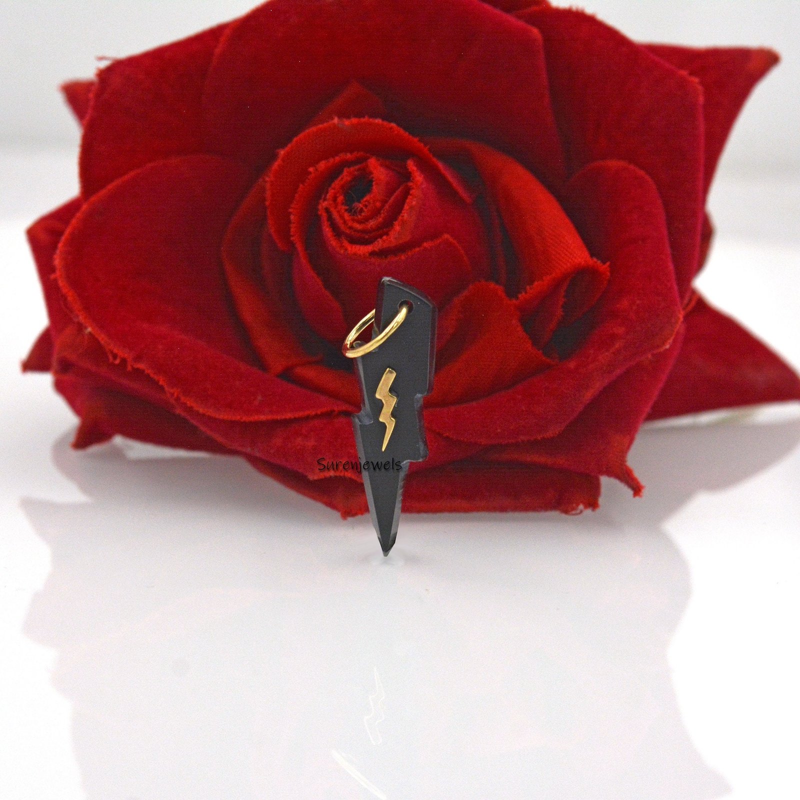 14k Gold Gemstone Lightning Bolt Pendant: Carved Coral or Turquoise - View 2 - Suren Jewels | SKU: SJP1617 14k Gold Gemstone Lightning Bolt Pendant: Carved Coral or Turquoise - View 2 - Suren Jewels | SKU: SJP1617