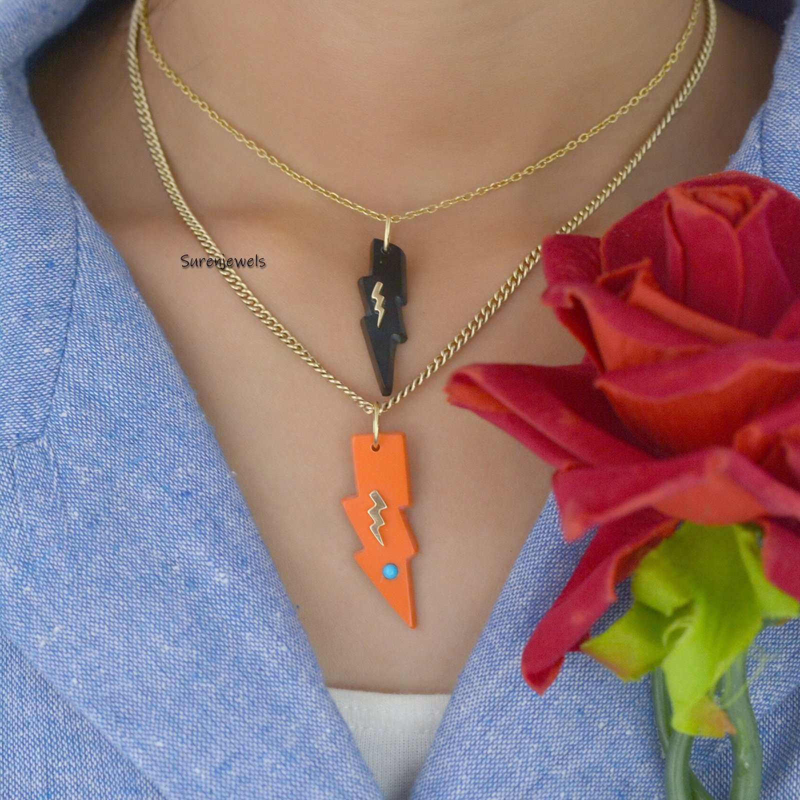 14k Gold Gemstone Lightning Bolt Pendant: Carved Coral or Turquoise - View 4 - Suren Jewels | SKU: SJP1617 14k Gold Gemstone Lightning Bolt Pendant: Carved Coral or Turquoise - View 4 - Suren Jewels | SKU: SJP1617