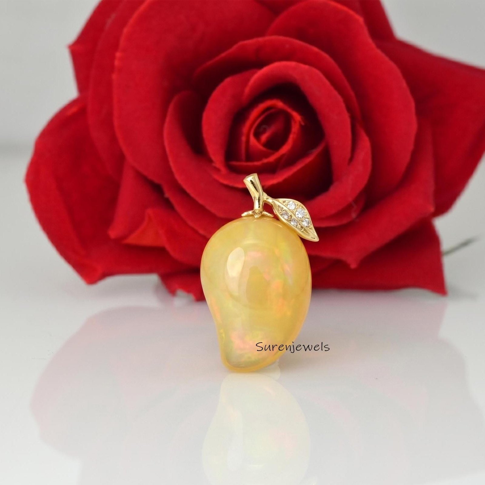 14K Gold Gemstone Mango Fruit Pendant, Designer Mango Pendant, Gold Carved Mango Charm, Yellow Opal Mango Pendant, Handmade M 14K Gold Gemstone Mango Fruit Pendant, Designer Mango Pendant, Gold Carved Mango Charm, Yellow Opal Mango Pendant, Handmade M