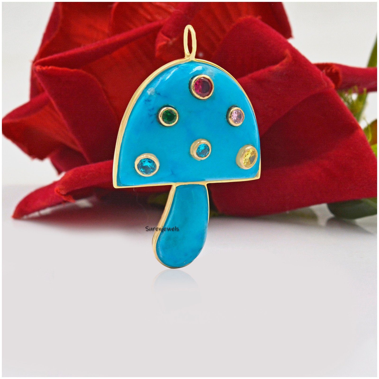 14k Gold Gemstone Mushroom Pendant: Magic Mushroom Charm - View 2 - Suren Jewels | SKU: SJP797 14k Gold Gemstone Mushroom Pendant: Magic Mushroom Charm - View 2 - Suren Jewels | SKU: SJP797