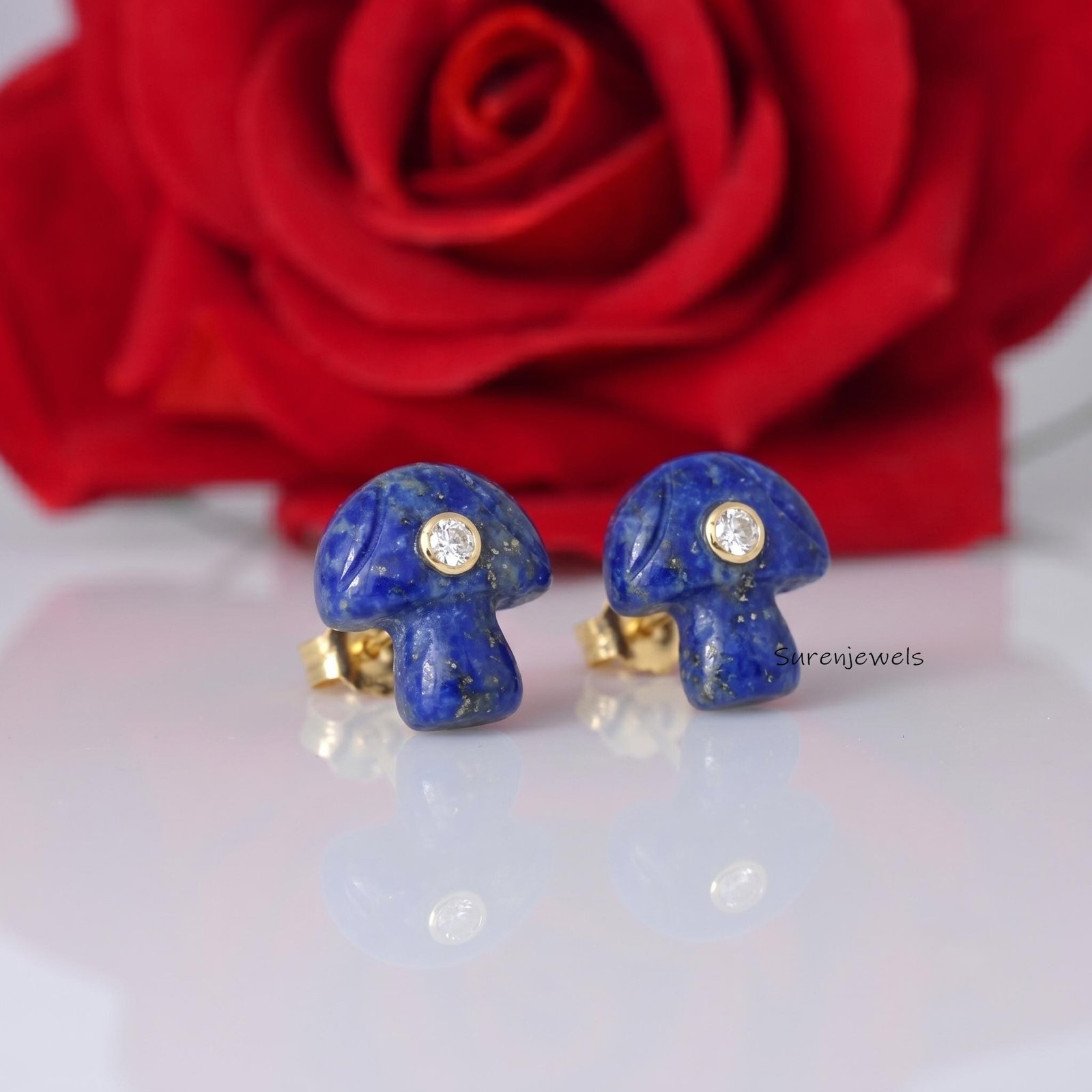14k Gold Gemstone Mushroom Studs Earrings, Carving Magic Mushroom studs, Handmade Mushroom Stud, Designer Mushroom studs - Su 14k Gold Gemstone Mushroom Studs Earrings, Carving Magic Mushroom studs, Handmade Mushroom Stud, Designer Mushroom studs - Su