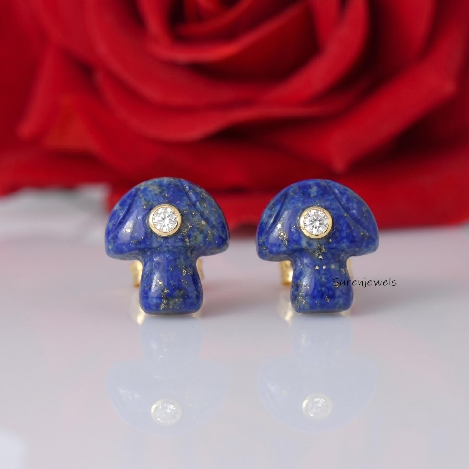14k Gold Gemstone Mushroom Studs Earrings, Carving Magic Mushroom studs, Handmade Mushroom Stud, Designer Mushroom studs - Vi 14k Gold Gemstone Mushroom Studs Earrings, Carving Magic Mushroom studs, Handmade Mushroom Stud, Designer Mushroom studs - Vi