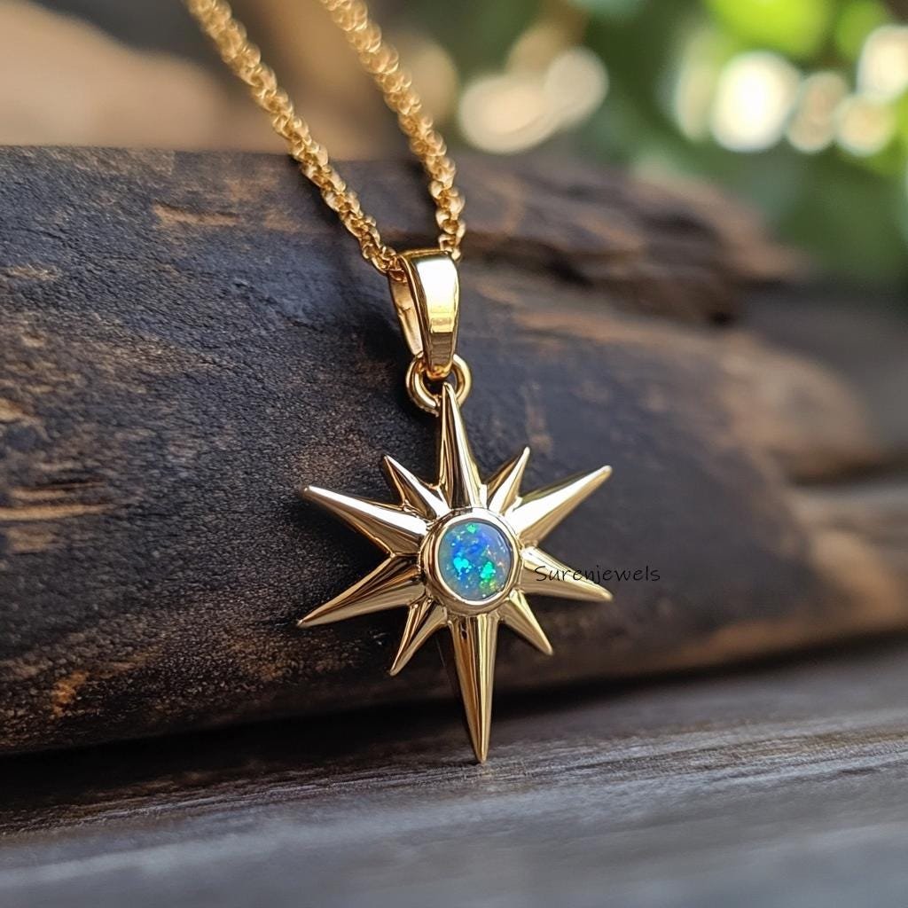 14K Gold Gemstone North Star Pendant: Designer Starburst Charm - Suren Jewels | SKU: SJP4480-SLYGLR-20M,SJP 14K Gold Gemstone North Star Pendant: Designer Starburst Charm - Suren Jewels | SKU: SJP4480-SLYGLR-20M,SJP