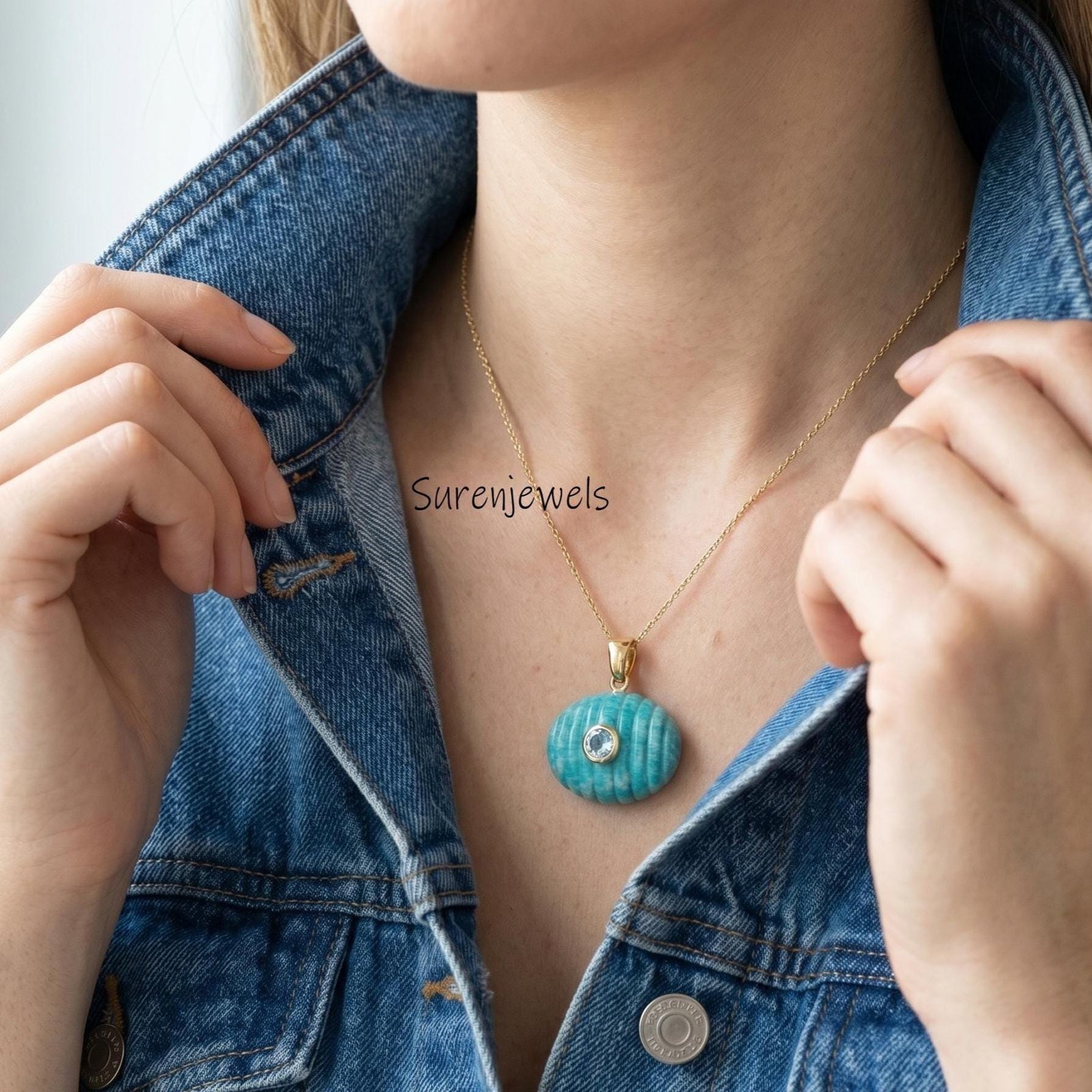 14k Gold Gemstone Oval Shape Pendant, Double Gemstone Oval Pendant, Carved Oval Shape Charm, Designer Oval Pendant - View 2 - 14k Gold Gemstone Oval Shape Pendant, Double Gemstone Oval Pendant, Carved Oval Shape Charm, Designer Oval Pendant - View 2 -