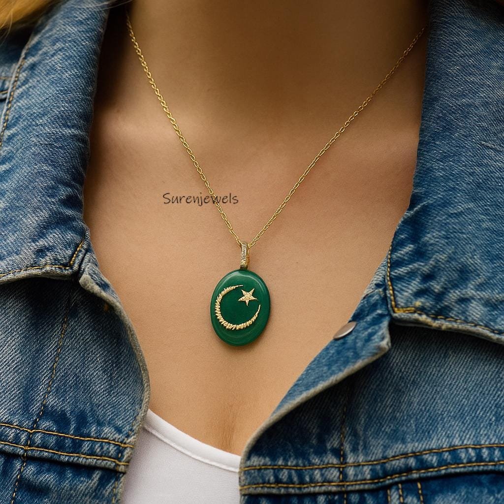 14K Gold Gemstone Oval Star Moon Pendant, Oval Gemstone Charm - Suren Jewels | SKU: SJP5444-SLYGHTCZ-25M 14K Gold Gemstone Oval Star Moon Pendant, Oval Gemstone Charm - Suren Jewels | SKU: SJP5444-SLYGHTCZ-25M