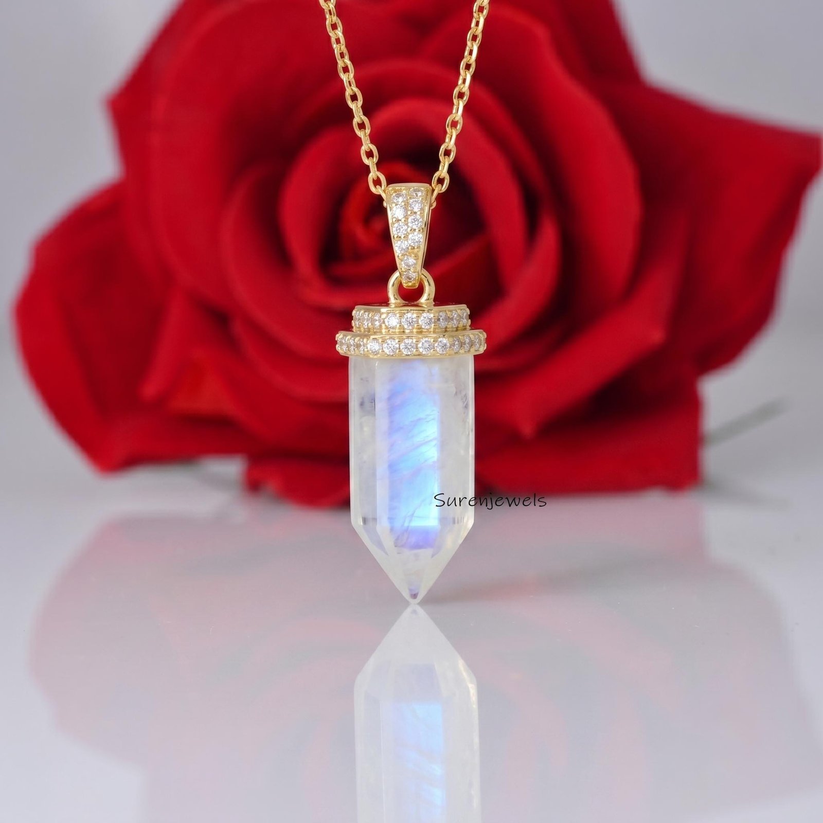 14K Gold Gemstone Point Pendant, Moonstone Point Pendant, Crystal Pencil Point Pendant, Moonstone Pendant, Crystal Pointed Pe 14K Gold Gemstone Point Pendant, Moonstone Point Pendant, Crystal Pencil Point Pendant, Moonstone Pendant, Crystal Pointed Pe
