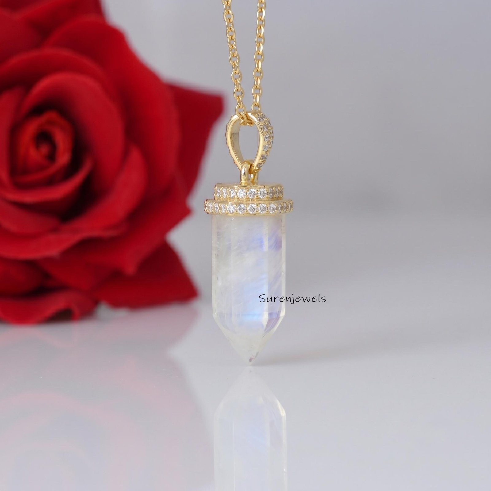 14K Gold Gemstone Point Pendant, Moonstone Point Pendant, Crystal Pencil Point Pendant, Moonstone Pendant, Crystal Pointed Pe 14K Gold Gemstone Point Pendant, Moonstone Point Pendant, Crystal Pencil Point Pendant, Moonstone Pendant, Crystal Pointed Pe
