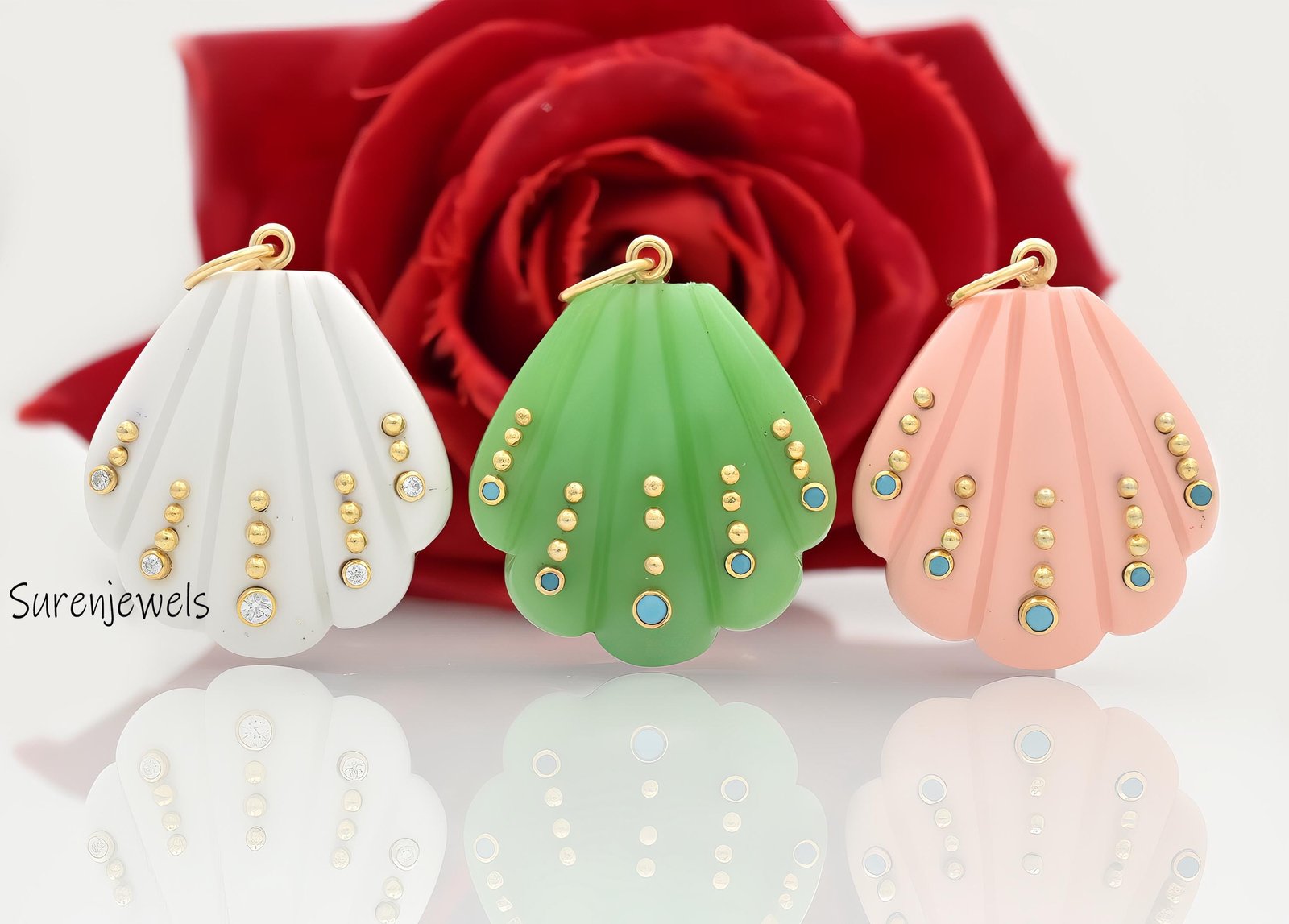 14k Gold Gemstone Scallop Shell Pendant: White Agate & CZ Charm - Suren Jewels | SKU: SJP4277-SLYGLPZCZ-35M 14k Gold Gemstone Scallop Shell Pendant: White Agate & CZ Charm - Suren Jewels | SKU: SJP4277-SLYGLPZCZ-35M