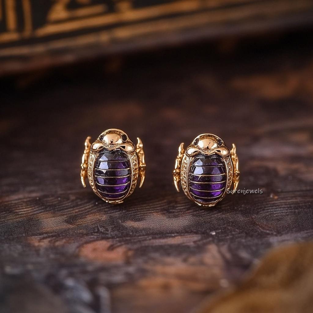 14K Gold Gemstone Scarab Studs: Hand Carved Egyptian Beetle Earrings - Suren Jewels | SKU: SJE1875-SLYGGT-10M,SJE1874-SLYGTE- 14K Gold Gemstone Scarab Studs: Hand Carved Egyptian Beetle Earrings - Suren Jewels | SKU: SJE1875-SLYGGT-10M,SJE1874-SLYGTE-