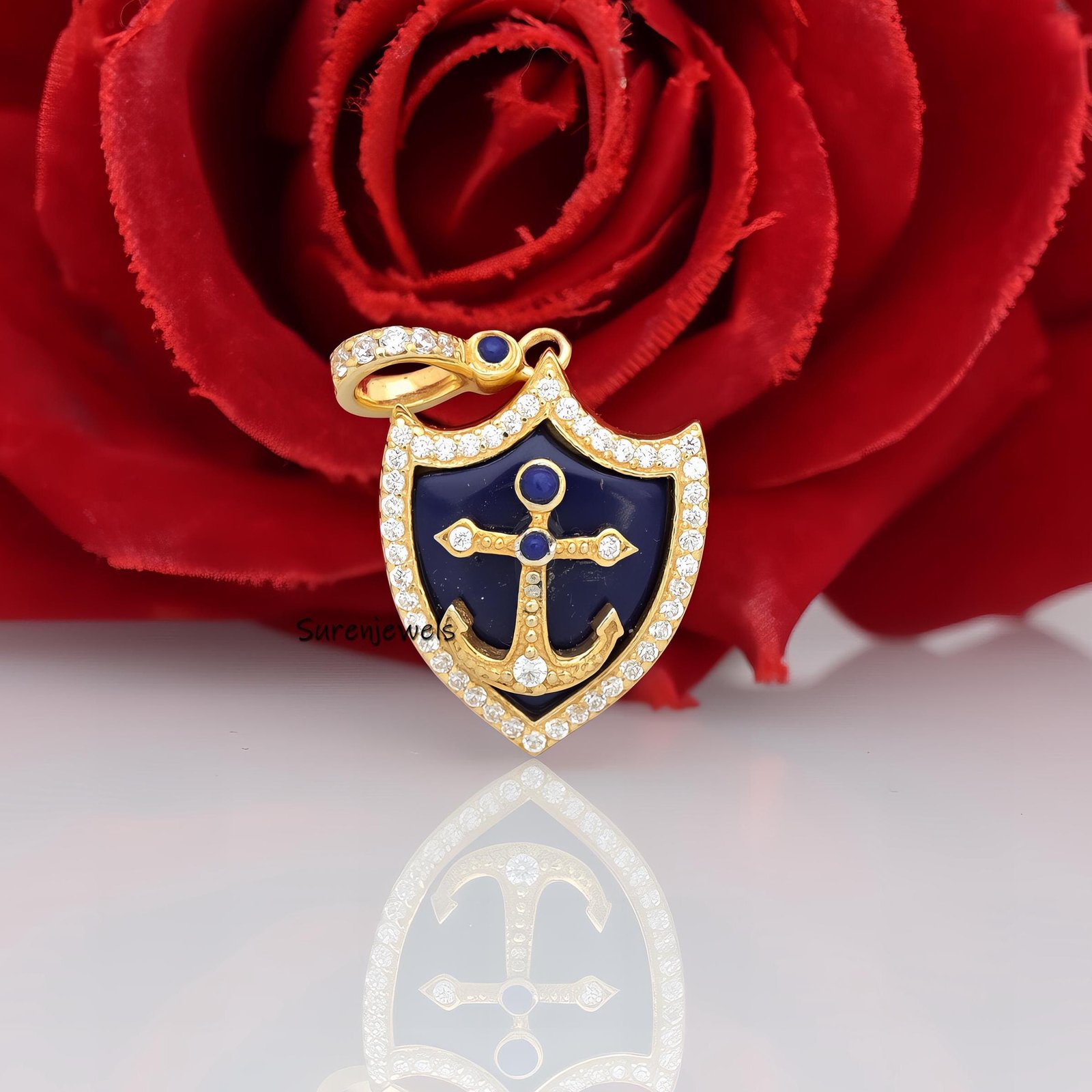 14k Gold Gemstone Shield Pendant: Lapis, Turquoise, Malachite - Suren Jewels | SKU: SJP4238-SLYGLPZCZ-30M 14k Gold Gemstone Shield Pendant: Lapis, Turquoise, Malachite - Suren Jewels | SKU: SJP4238-SLYGLPZCZ-30M