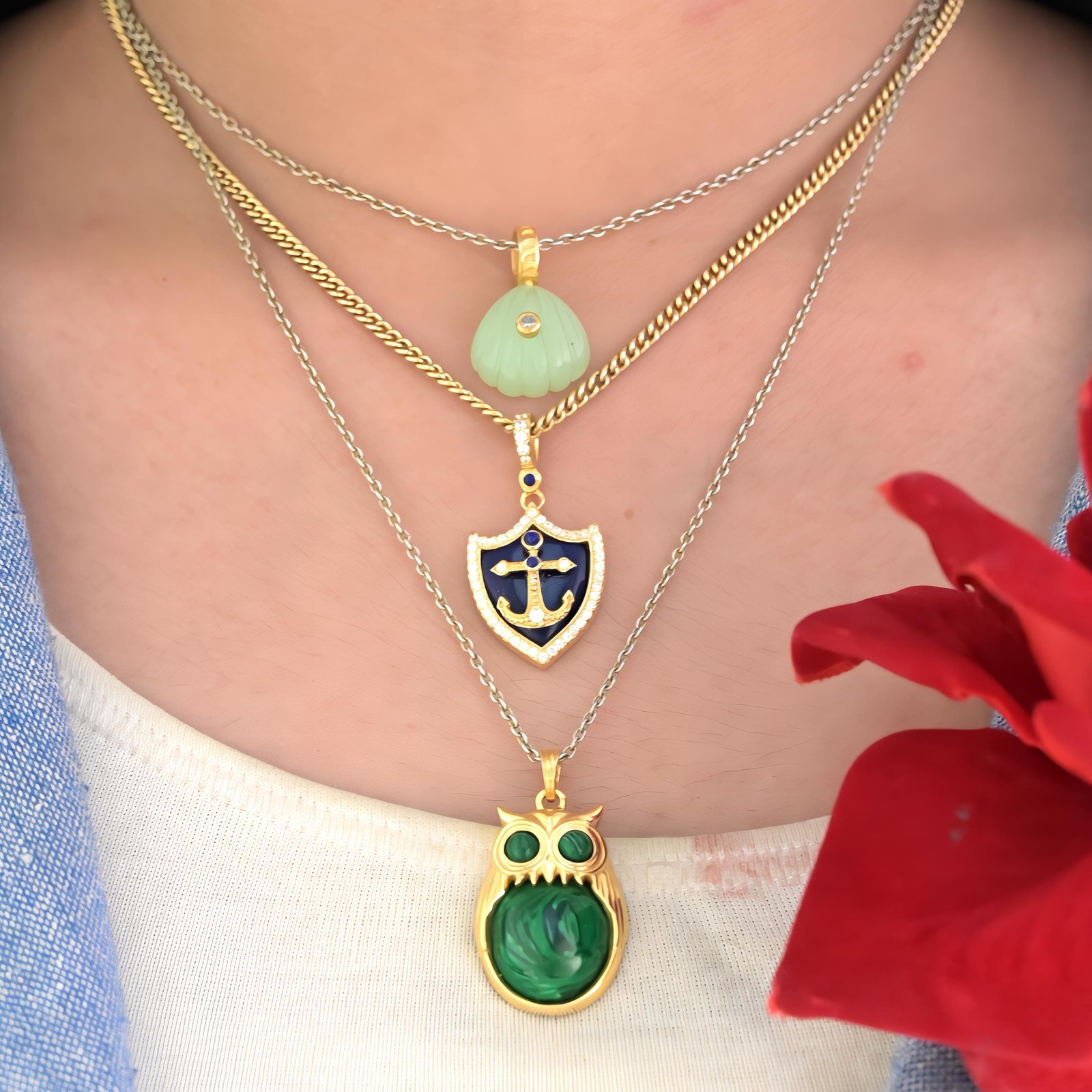 14k Gold Gemstone Shield Pendant: Lapis, Turquoise, Malachite - View 5 - Suren Jewels | SKU: SJP4238-SLYGLPZCZ-30M 14k Gold Gemstone Shield Pendant: Lapis, Turquoise, Malachite - View 5 - Suren Jewels | SKU: SJP4238-SLYGLPZCZ-30M