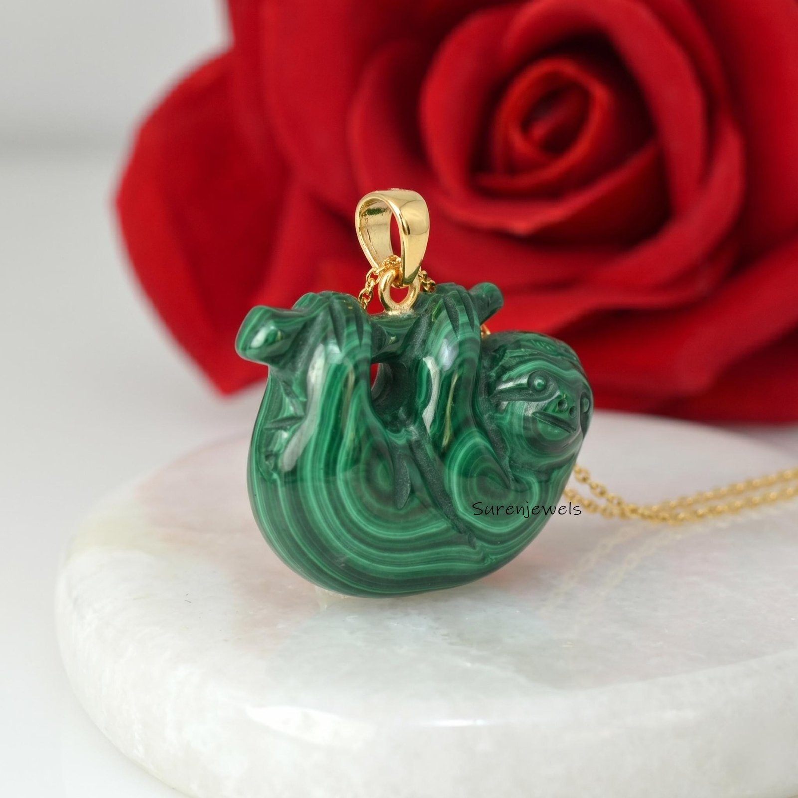 14K Gold Gemstone Sloth Pendant, Handcarved Gold Sloth Pendant, Malachite Sloth Charm, Sloth Animal Jewelry, Carving Gold Slo 14K Gold Gemstone Sloth Pendant, Handcarved Gold Sloth Pendant, Malachite Sloth Charm, Sloth Animal Jewelry, Carving Gold Slo