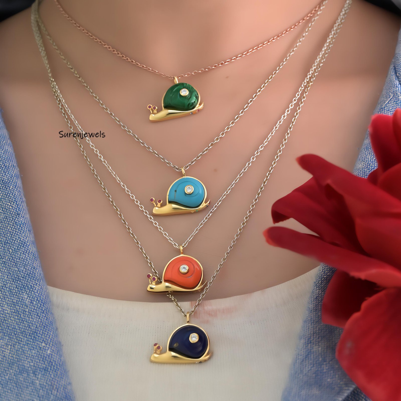 14K Gold Gemstone Snail Pendant: Handmade Yellow Gold Charm - View 3 - Suren Jewels | SKU: SJP1197 14K Gold Gemstone Snail Pendant: Handmade Yellow Gold Charm - View 3 - Suren Jewels | SKU: SJP1197