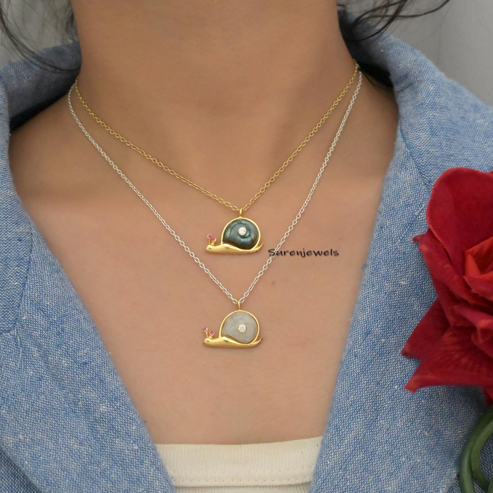 14K Gold Gemstone Snail Pendant: Handmade Yellow Gold Charm - View 5 - Suren Jewels | SKU: SJP1197 14K Gold Gemstone Snail Pendant: Handmade Yellow Gold Charm - View 5 - Suren Jewels | SKU: SJP1197
