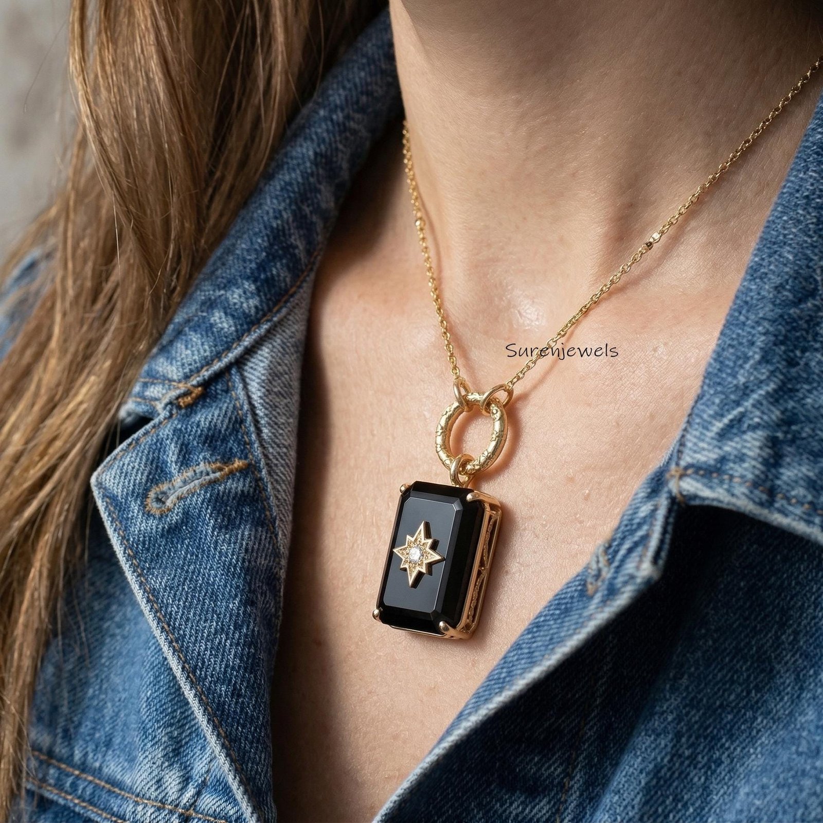 14k Gold Gemstone Square Star Pendant, Handmade Designer Rectangle Gemstone Necklace - Suren Jewels | SKU: SJP 14k Gold Gemstone Square Star Pendant, Handmade Designer Rectangle Gemstone Necklace - Suren Jewels | SKU: SJP