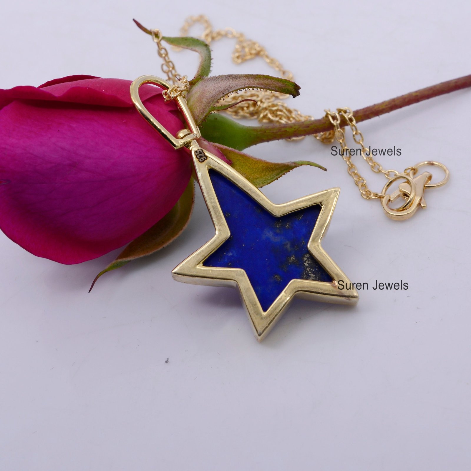 14k Gold Gemstone Star Pendant: Lapis Lazuli or Turquoise - View 2 - Suren Jewels | SKU: SJP510-SLYGLPZ-N41-18I 14k Gold Gemstone Star Pendant: Lapis Lazuli or Turquoise - View 2 - Suren Jewels | SKU: SJP510-SLYGLPZ-N41-18I