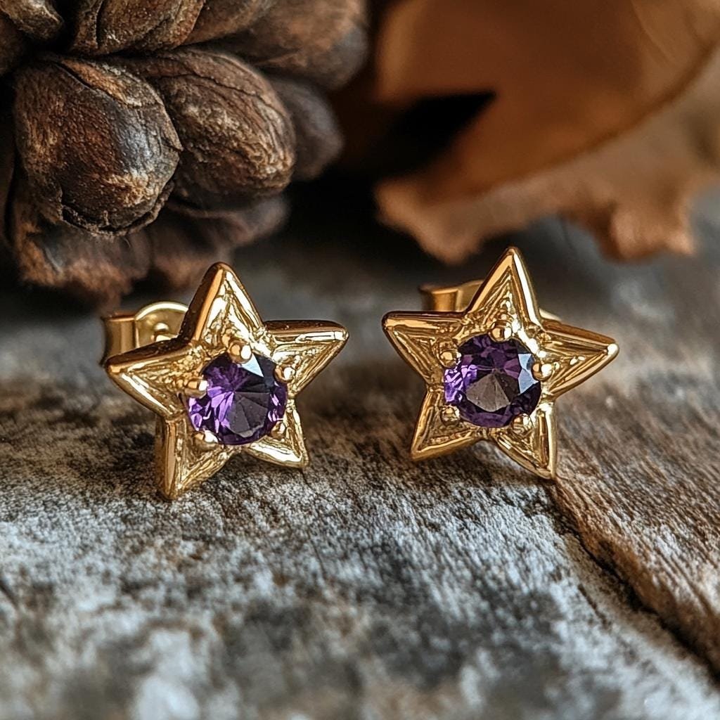 14K Gold Gemstone Star Studs: Amethyst & Lapis Earrings - Suren Jewels | SKU: SJE2520-SLRHMS-10M 14K Gold Gemstone Star Studs: Amethyst & Lapis Earrings - Suren Jewels | SKU: SJE2520-SLRHMS-10M